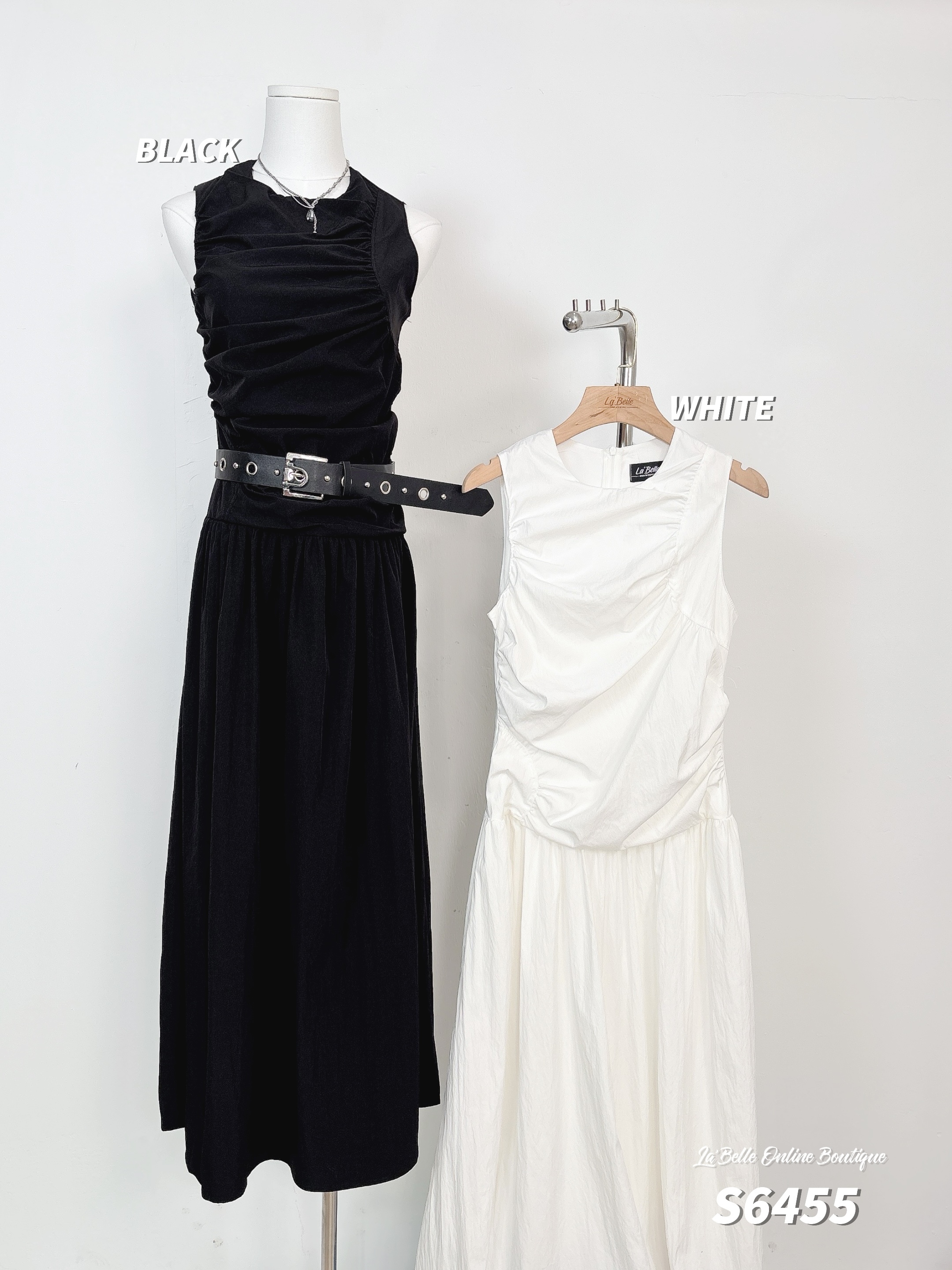 赫本风无袖圆领褶皱设计过膝连身裙 (S6455)