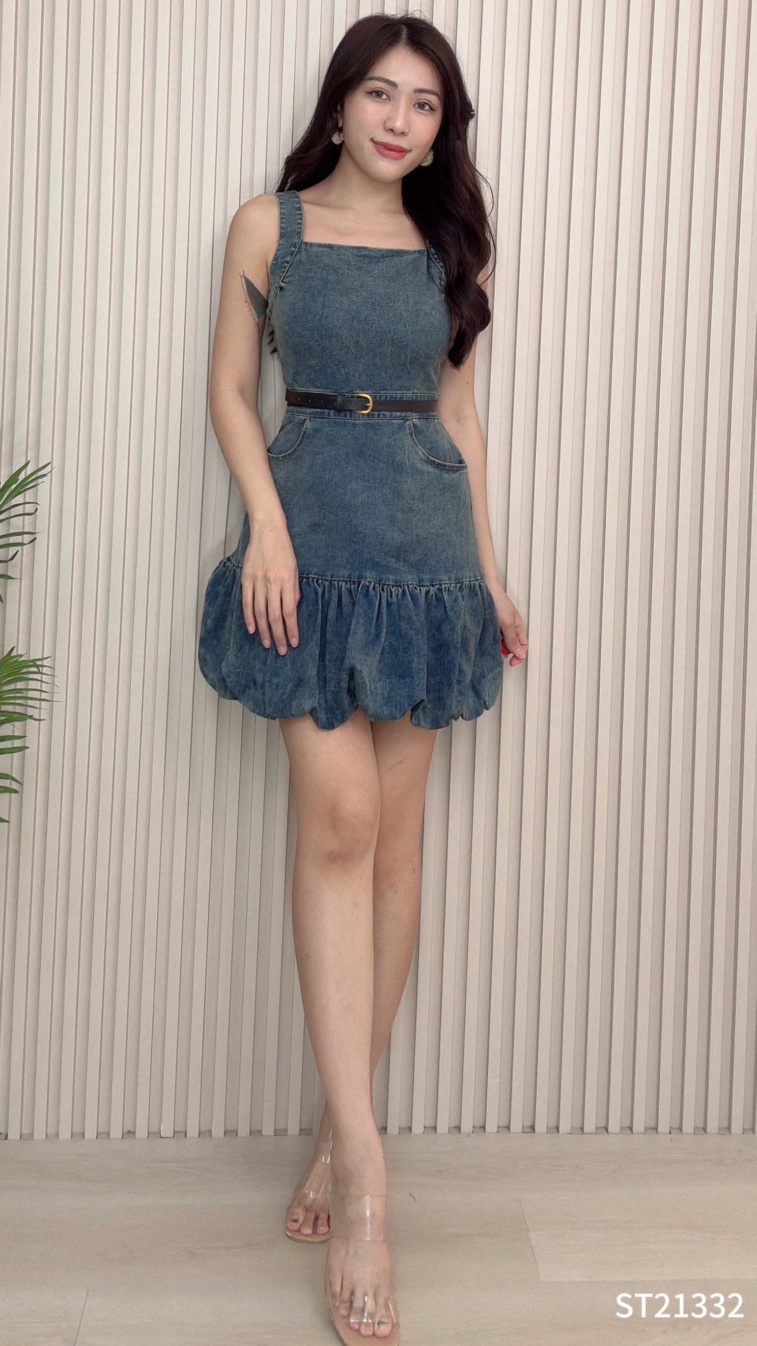 港风下摆花苞设计吊带连身裤裙 (ST21332)