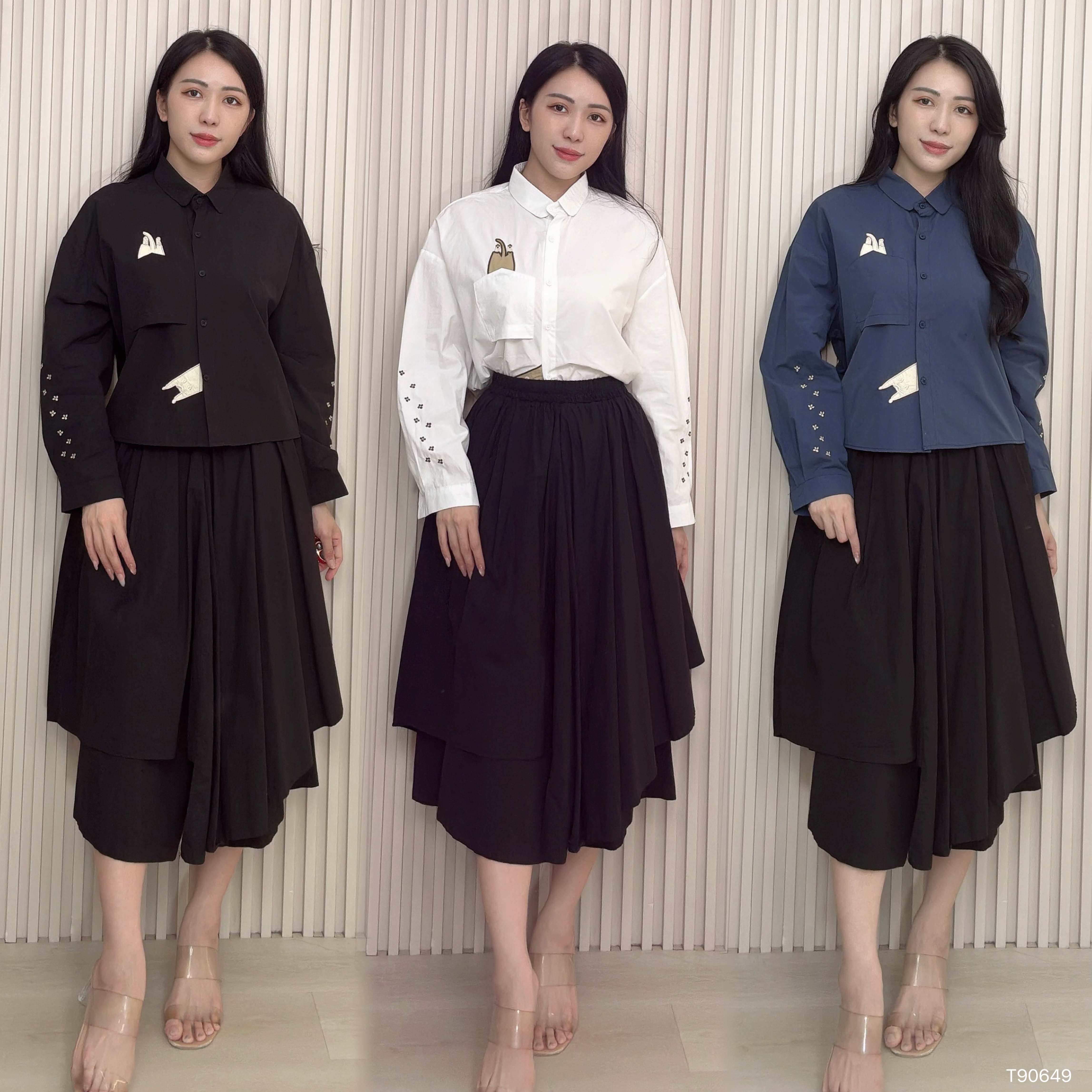 设计感翻领刺绣设计长袖上衣 (T90649)