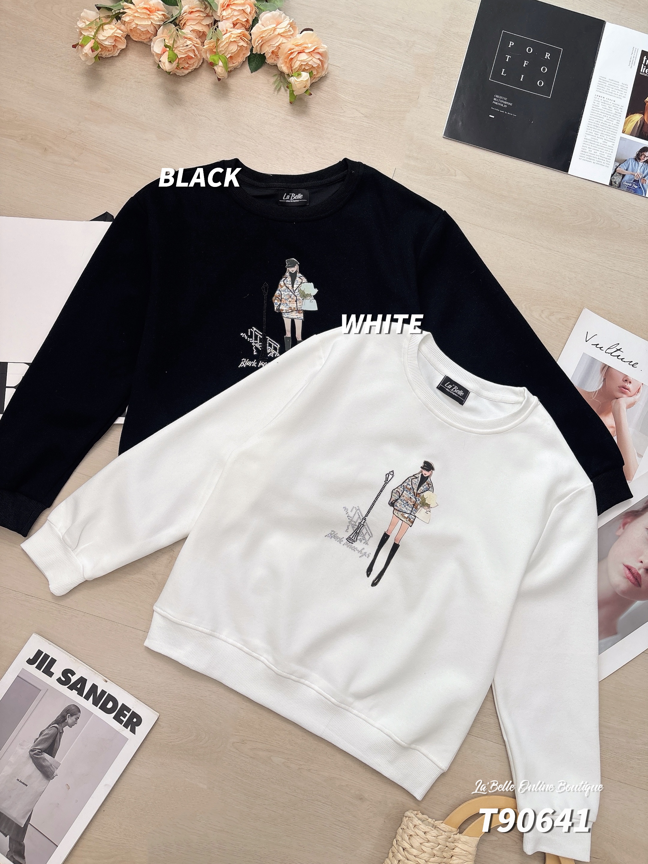 时尚插画风烫钻设计长袖上衣 (T90641)