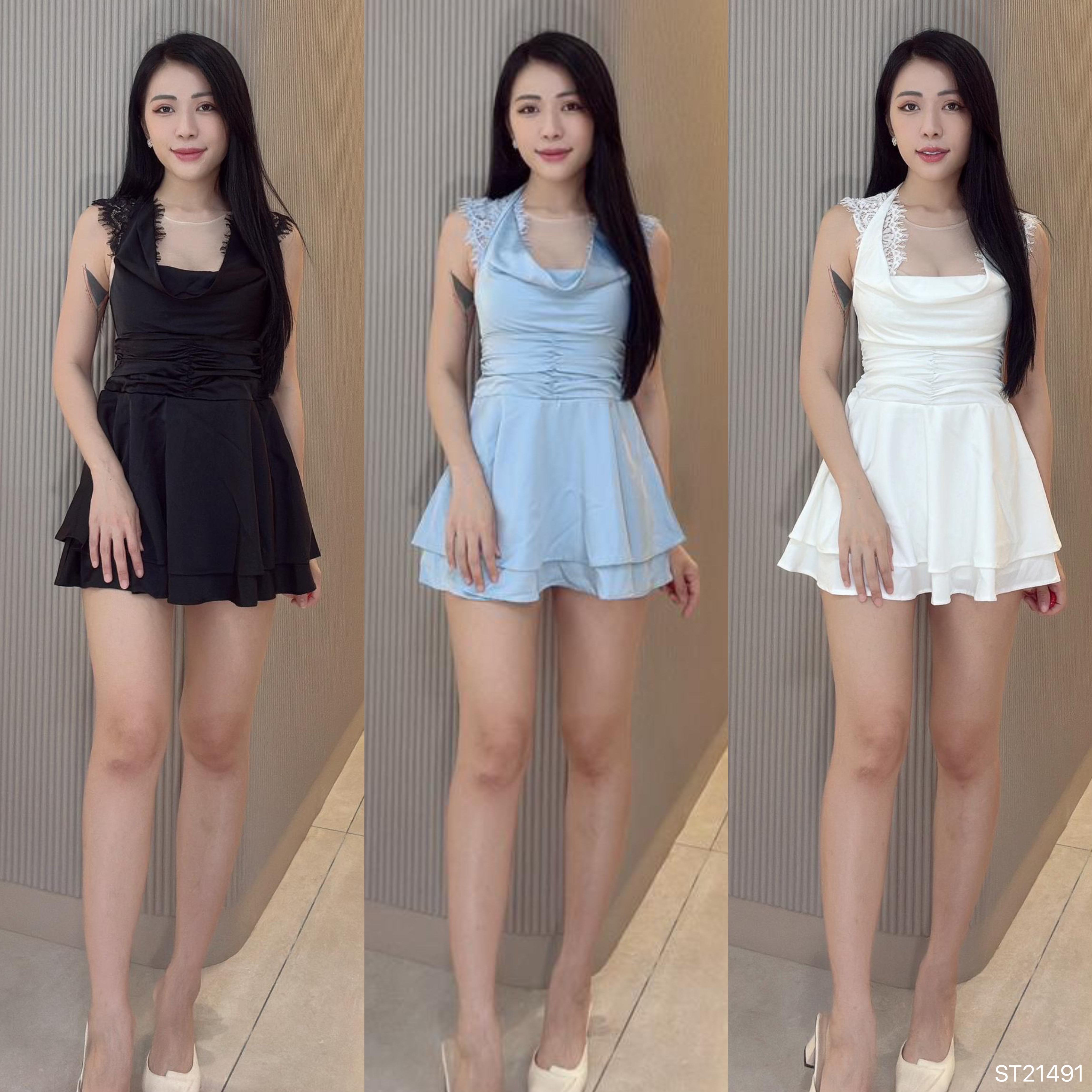 绝美挂脖褶皱设计无袖连身裙 (ST21491)