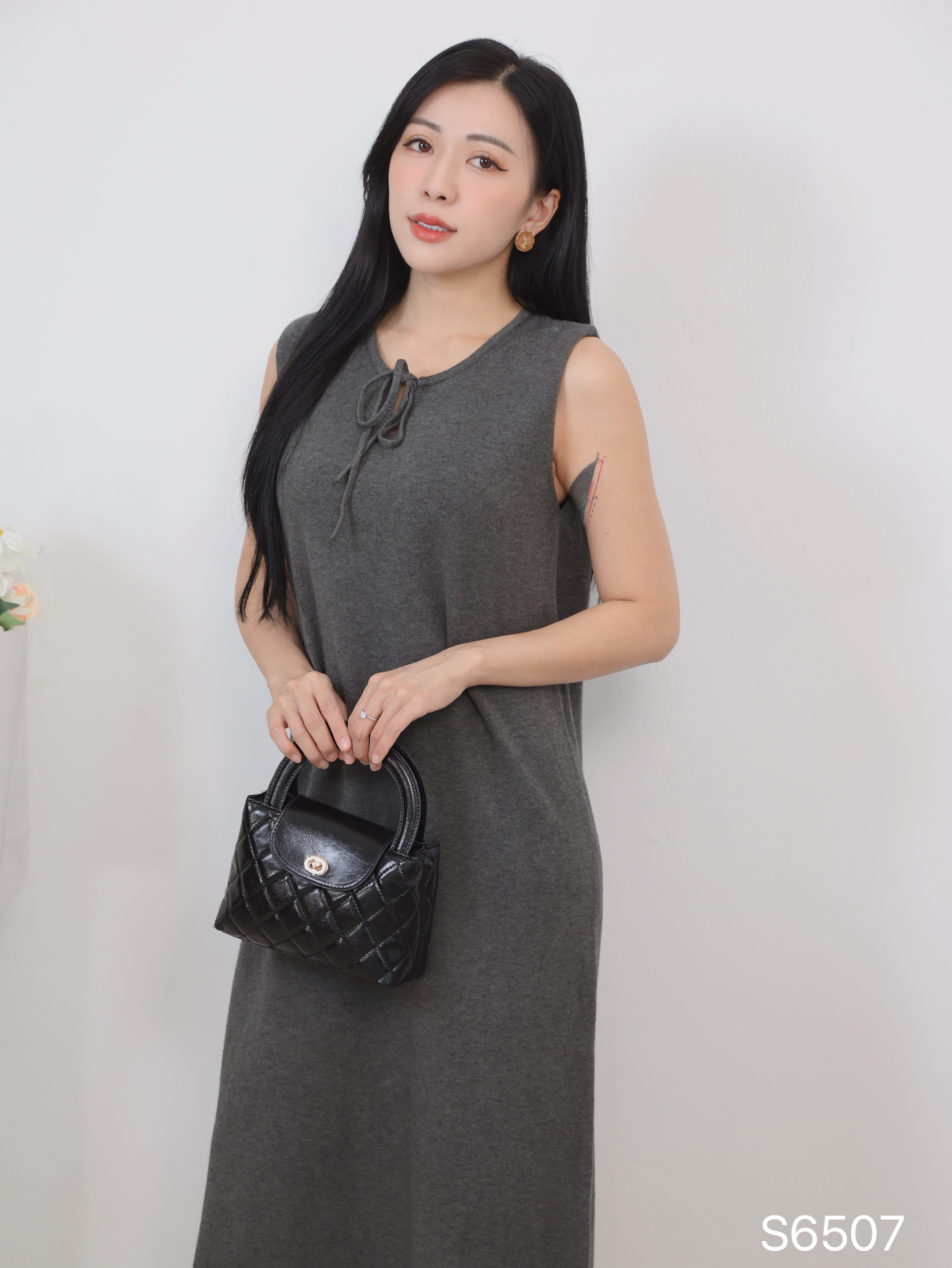 韩系领口系带设计无袖连身裙 (S6507)