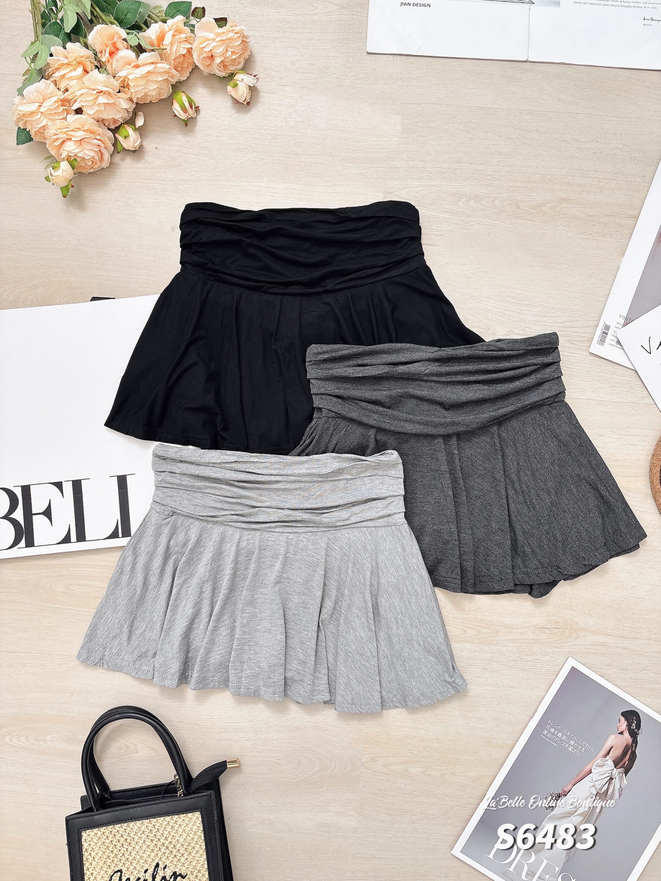 百搭褶皱设计伞状高腰短裙 (S6483)