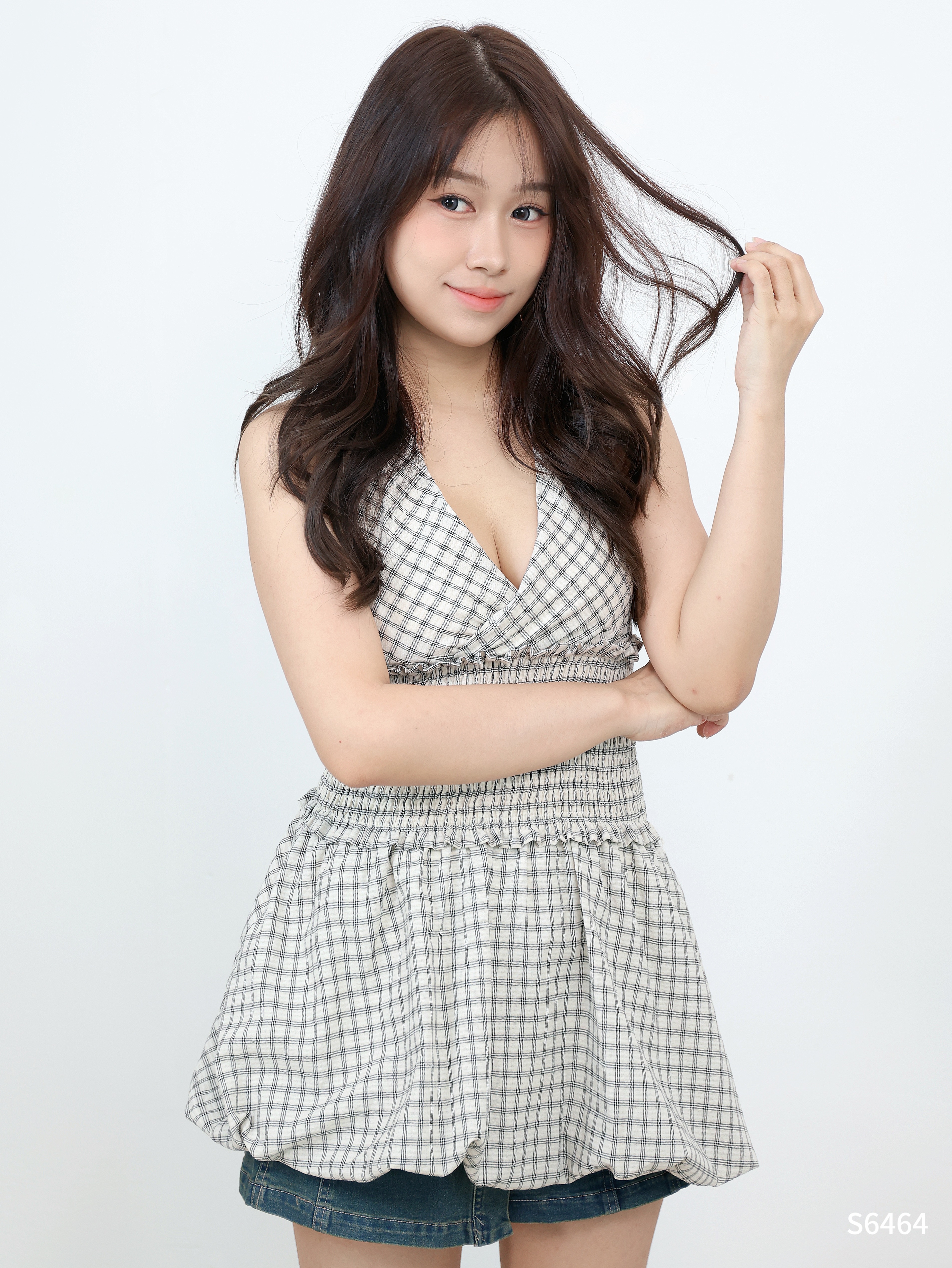 法式格子花苞挂脖V领连身裙 (S6464)