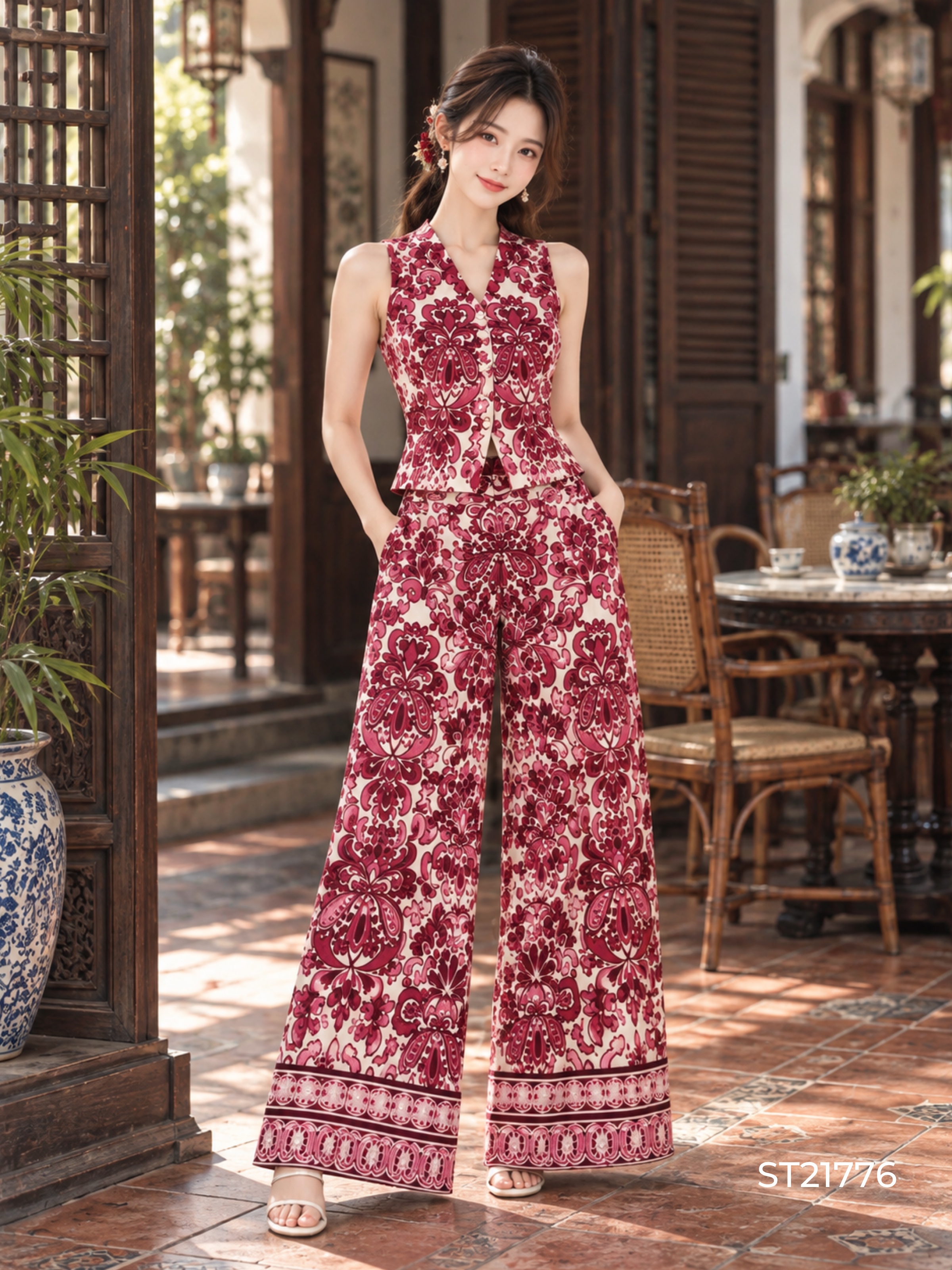 娘惹风batik印花马甲长裤套装 (ST21776)