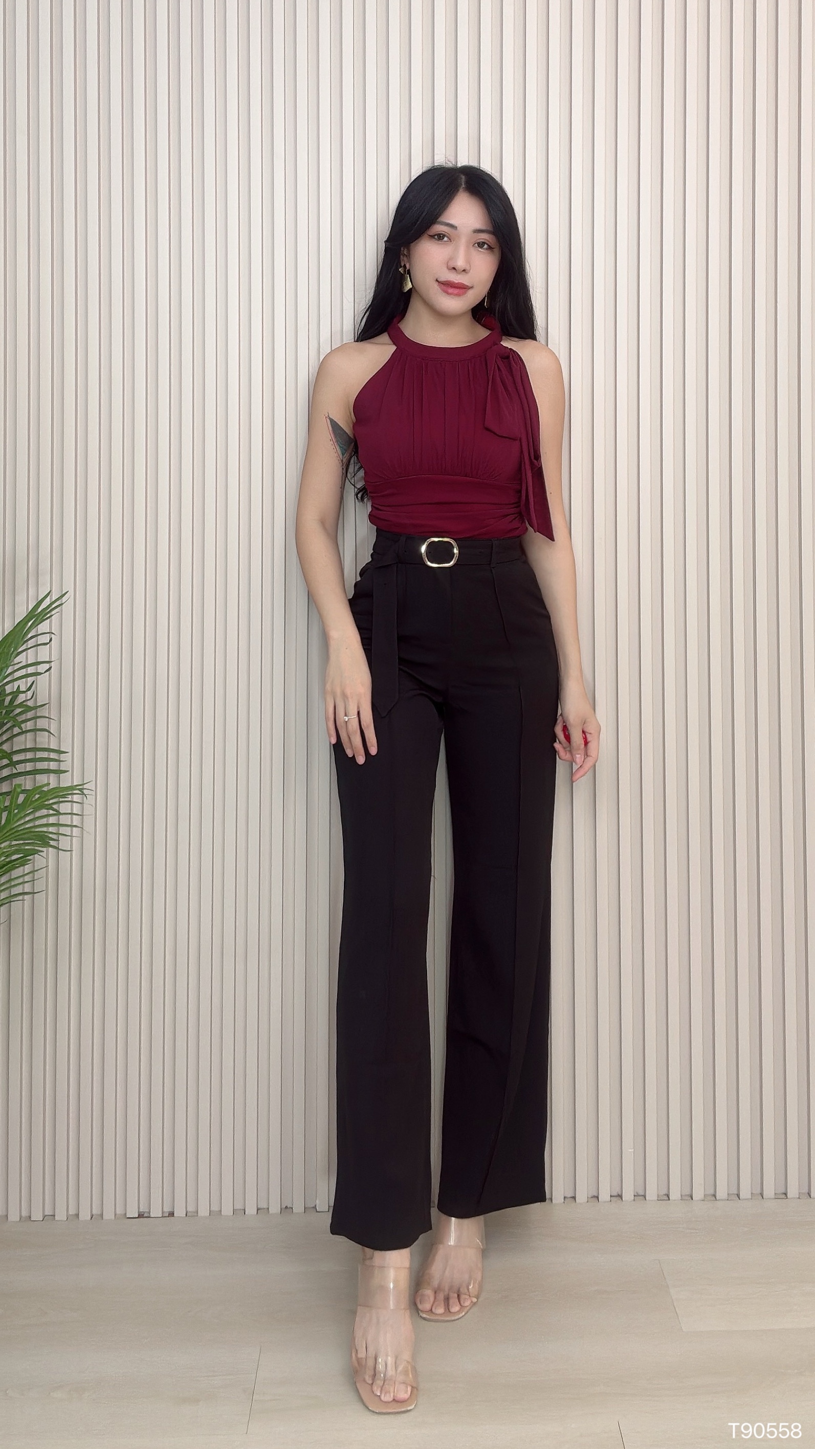 时尚Cut-In蝴蝶结褶皱设计上衣 (T90558)