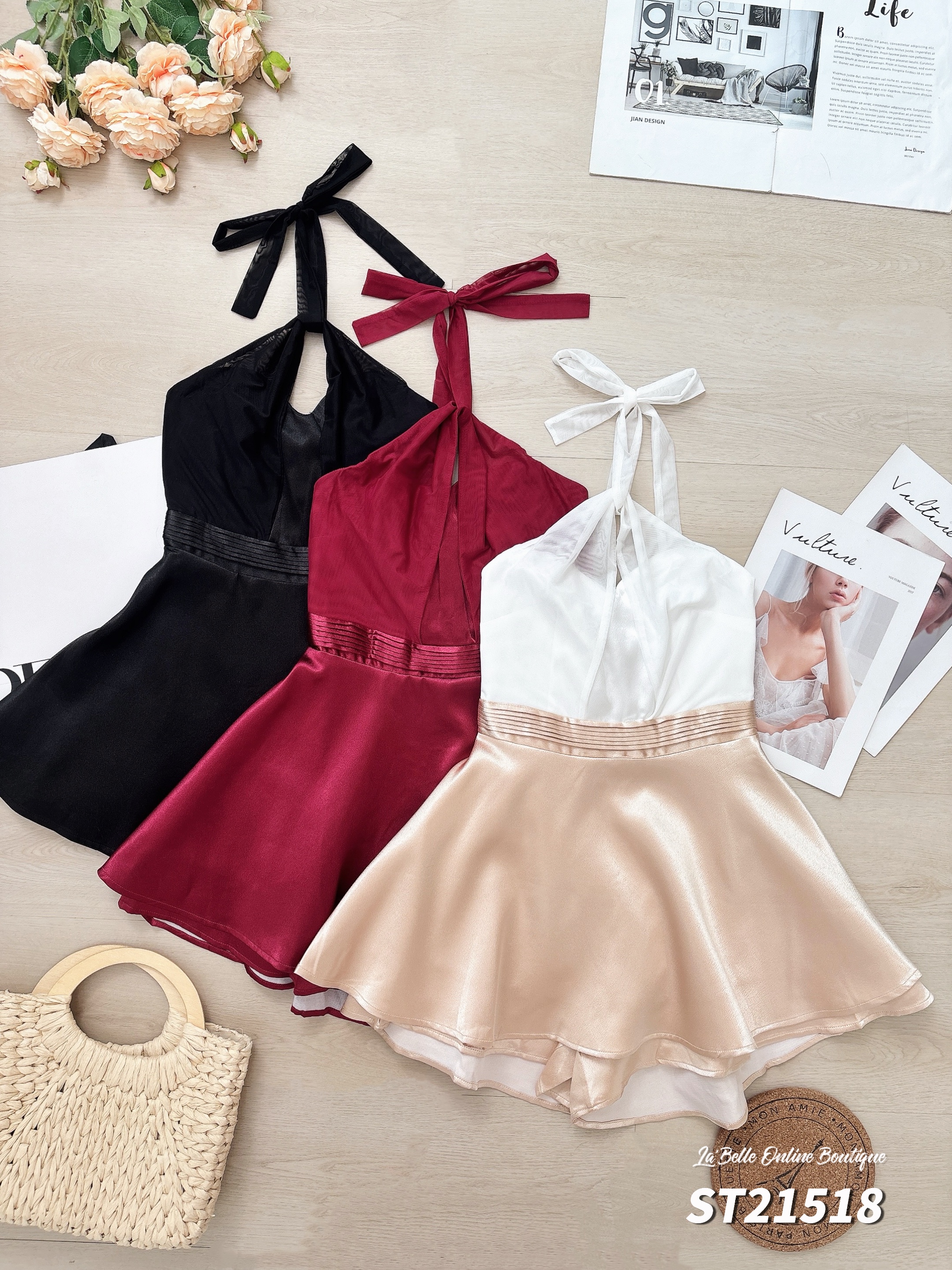 气质撞色挂脖抹胸设计连身裙 (ST21518)