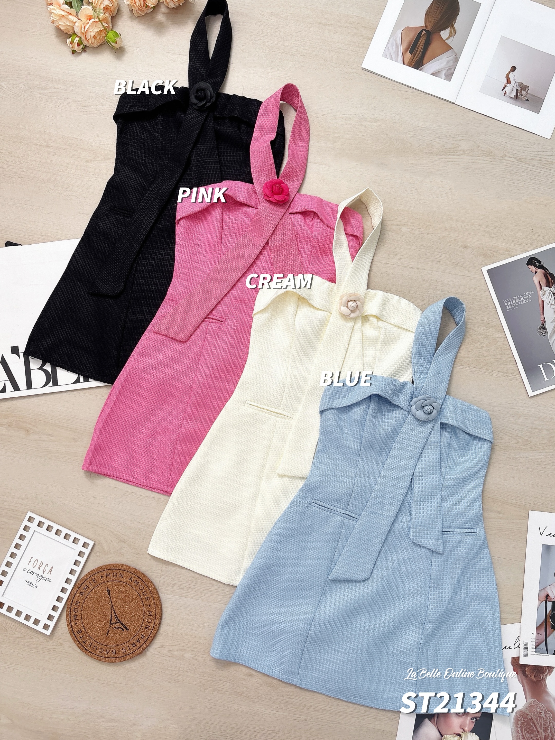 名暖风显瘦挂脖抹胸连身裤裙 (ST21344)