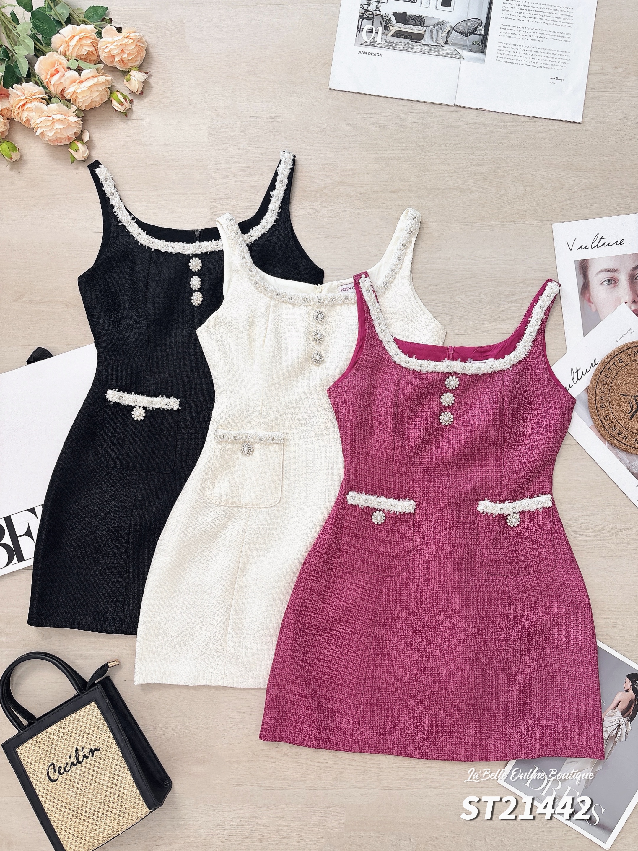 高端小香风珍珠扣设计连身裙 (ST21442)