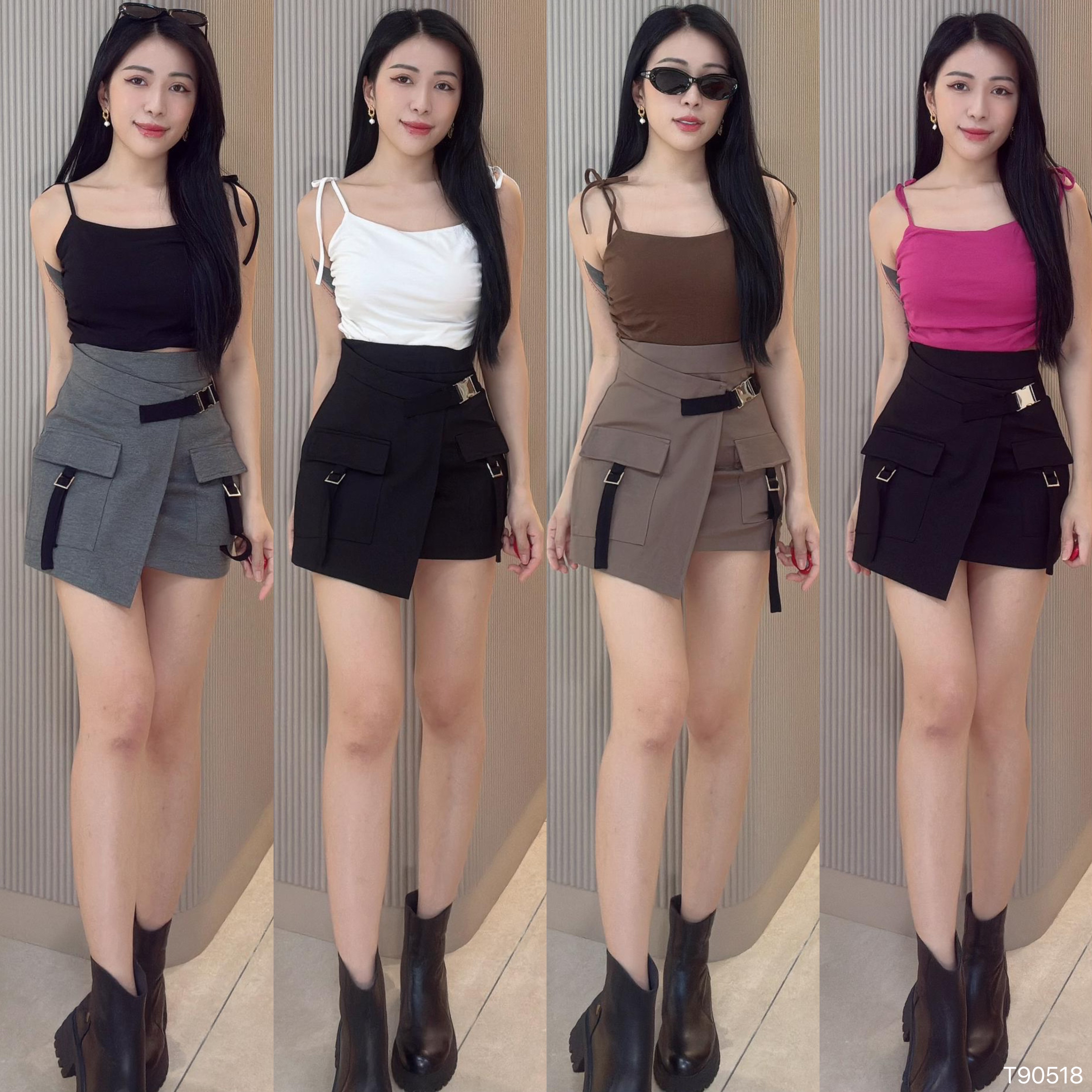 甜美褶皱设计蝴蝶结吊带上衣 (T90518)