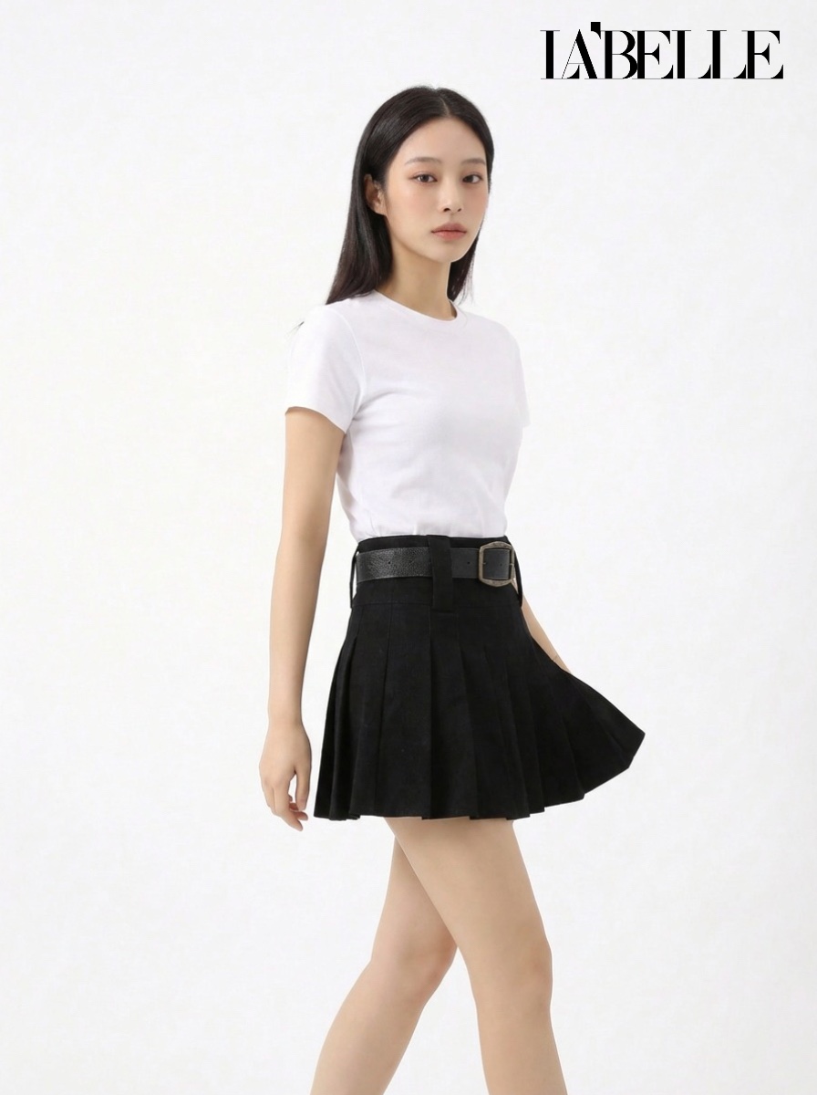 学院风百褶设计A字高腰短裙 (S6525)