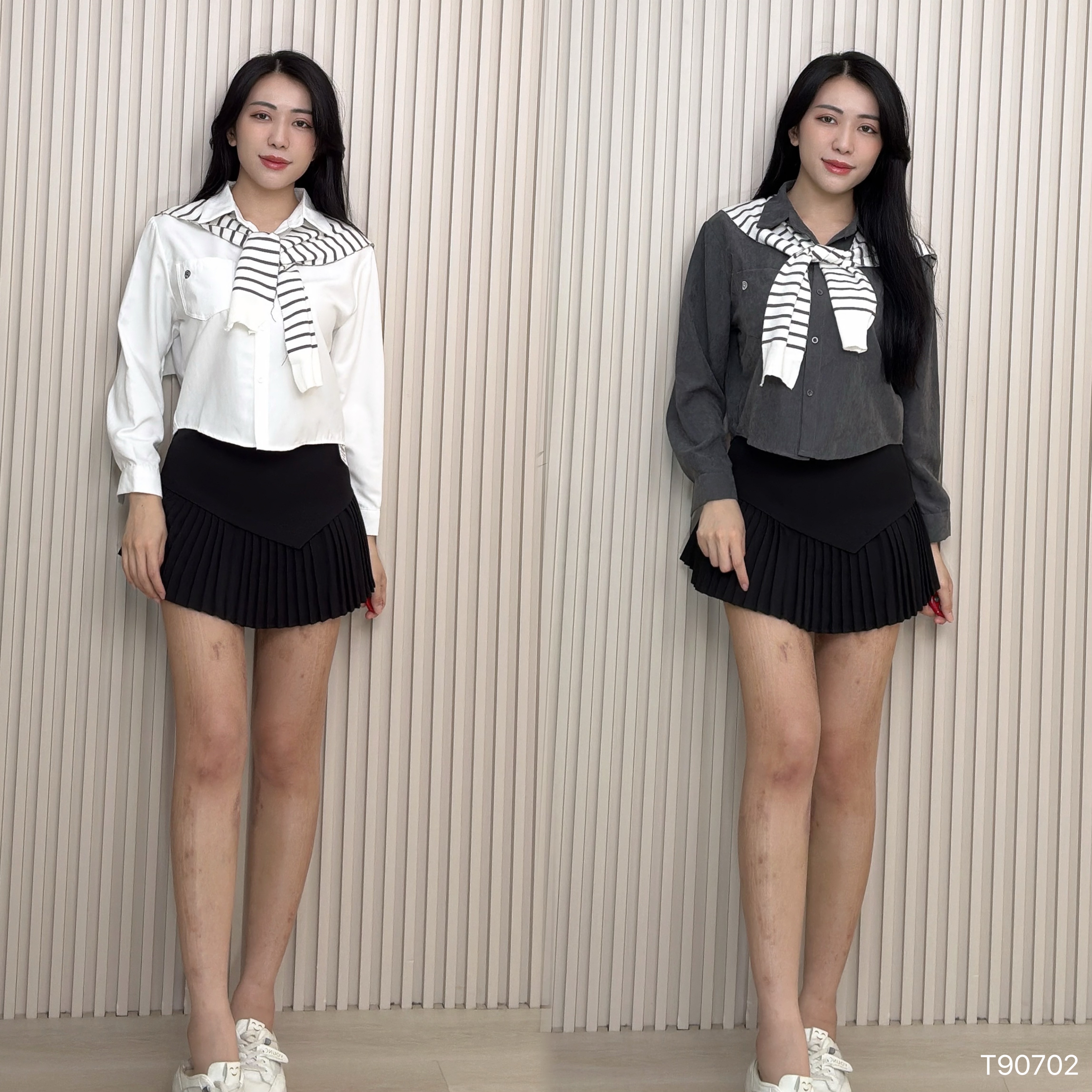 学院风叠穿撞色设计长袖上衣 (T90702)