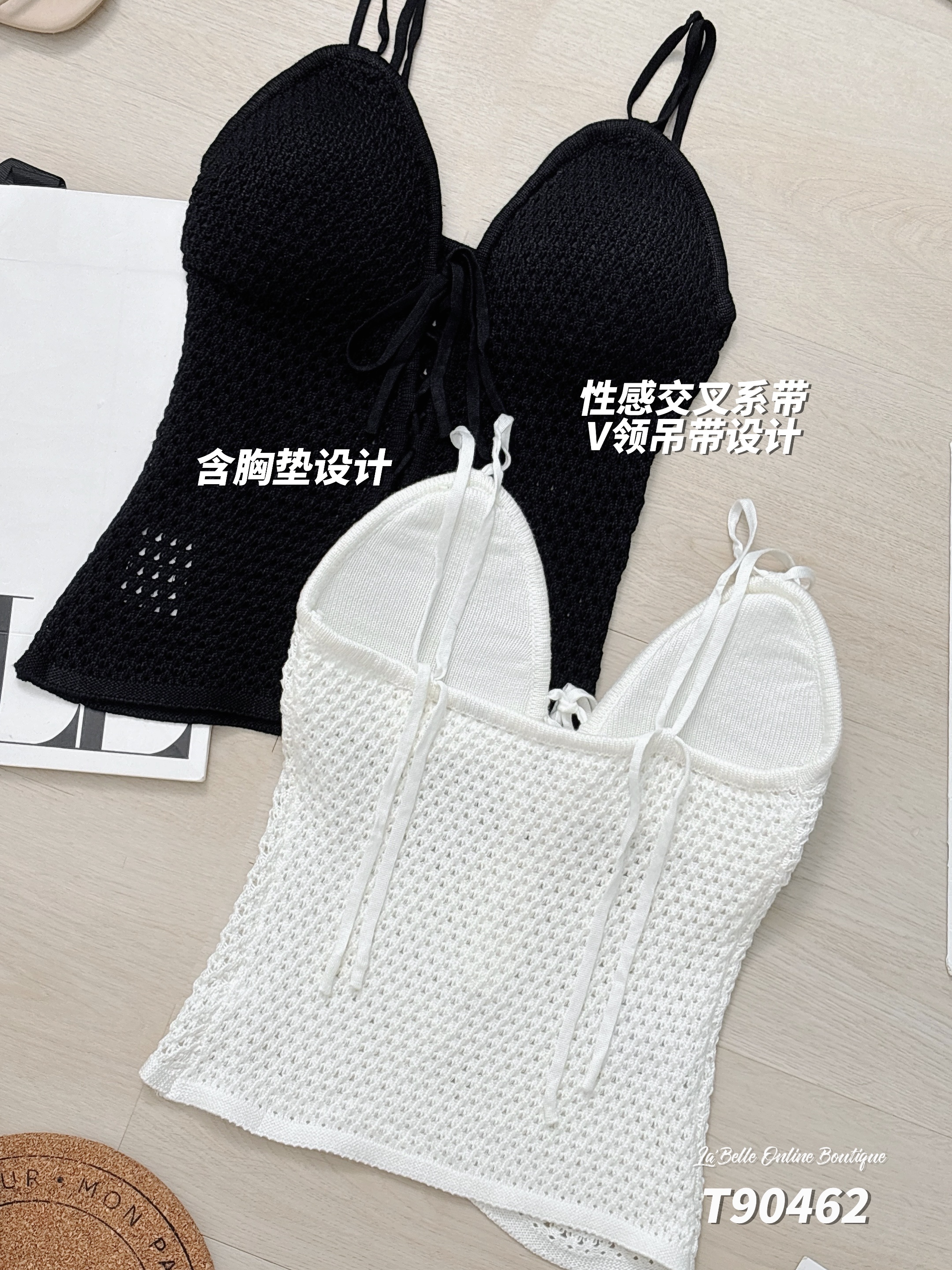 性感交叉系带设计V领吊带上衣 (T90462）