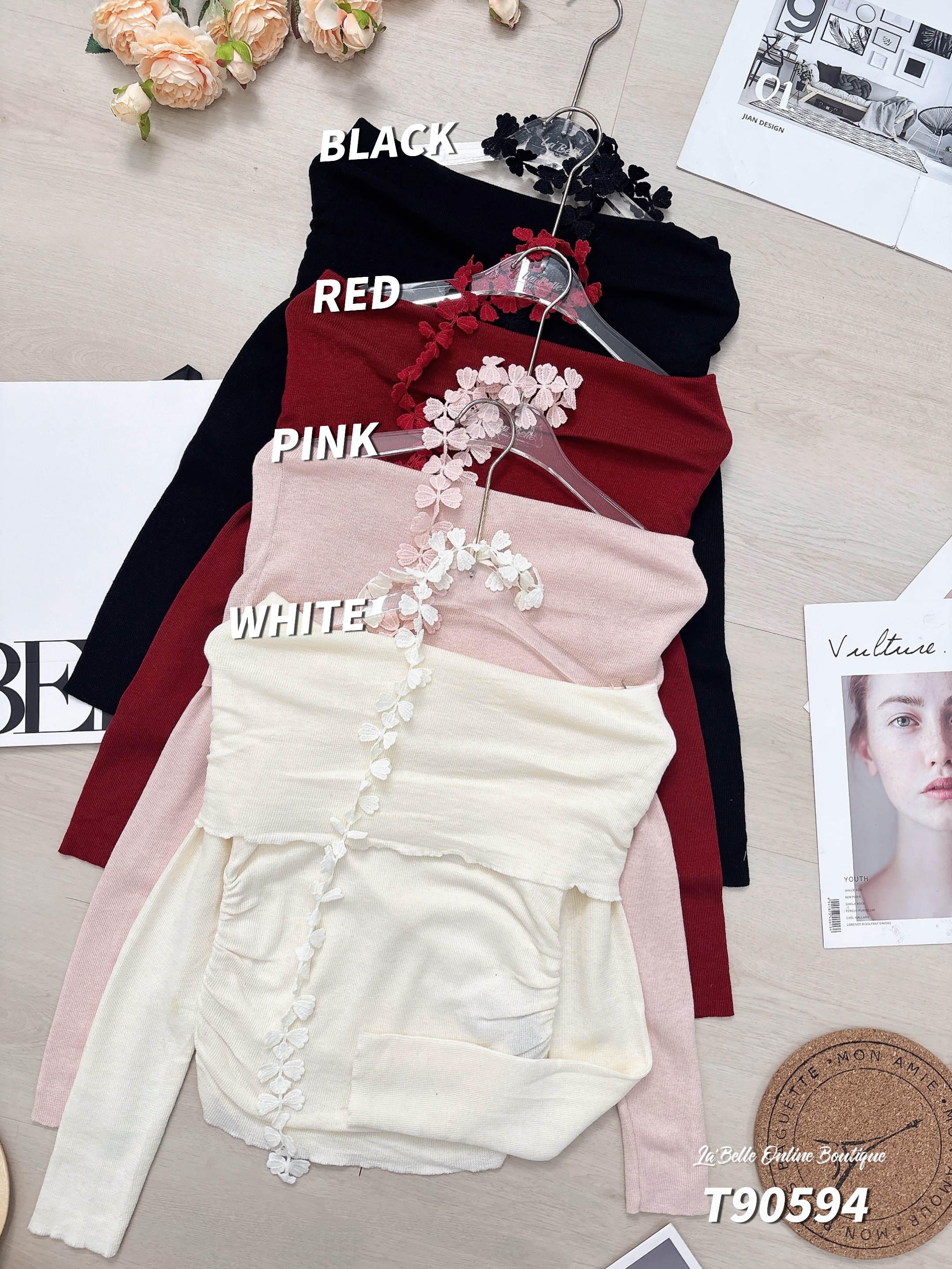 时尚一字肩褶皱设计长袖上衣 (T90594)