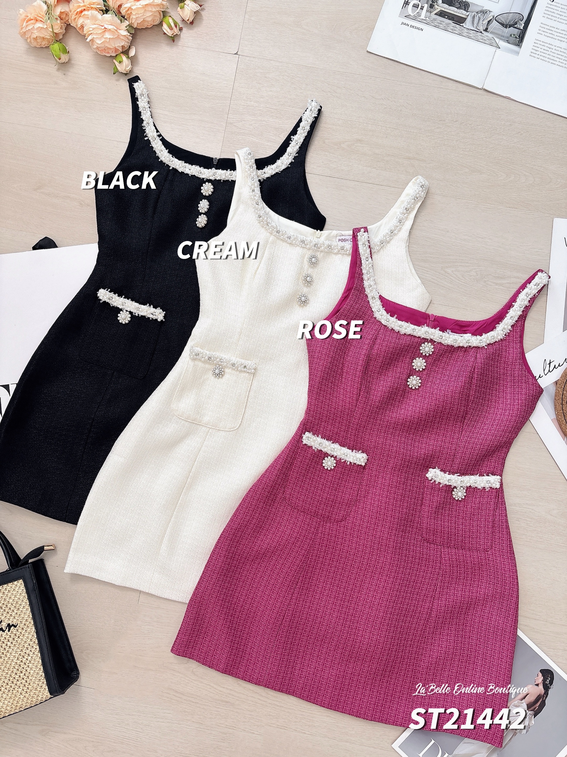 高端小香风珍珠扣设计连身裙 (ST21442)