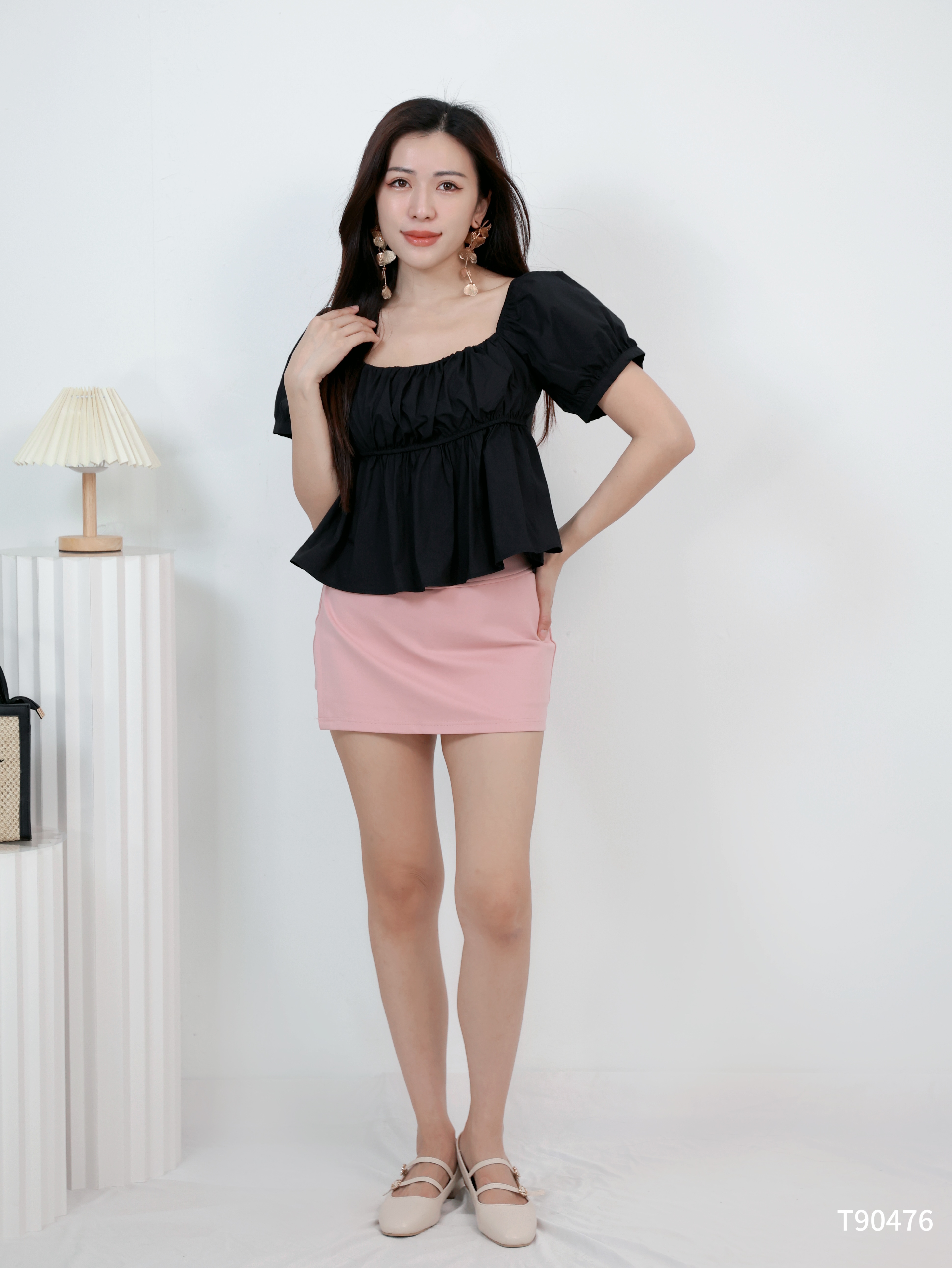 甜美褶皱两穿设计泡泡袖上衣 (T90476)