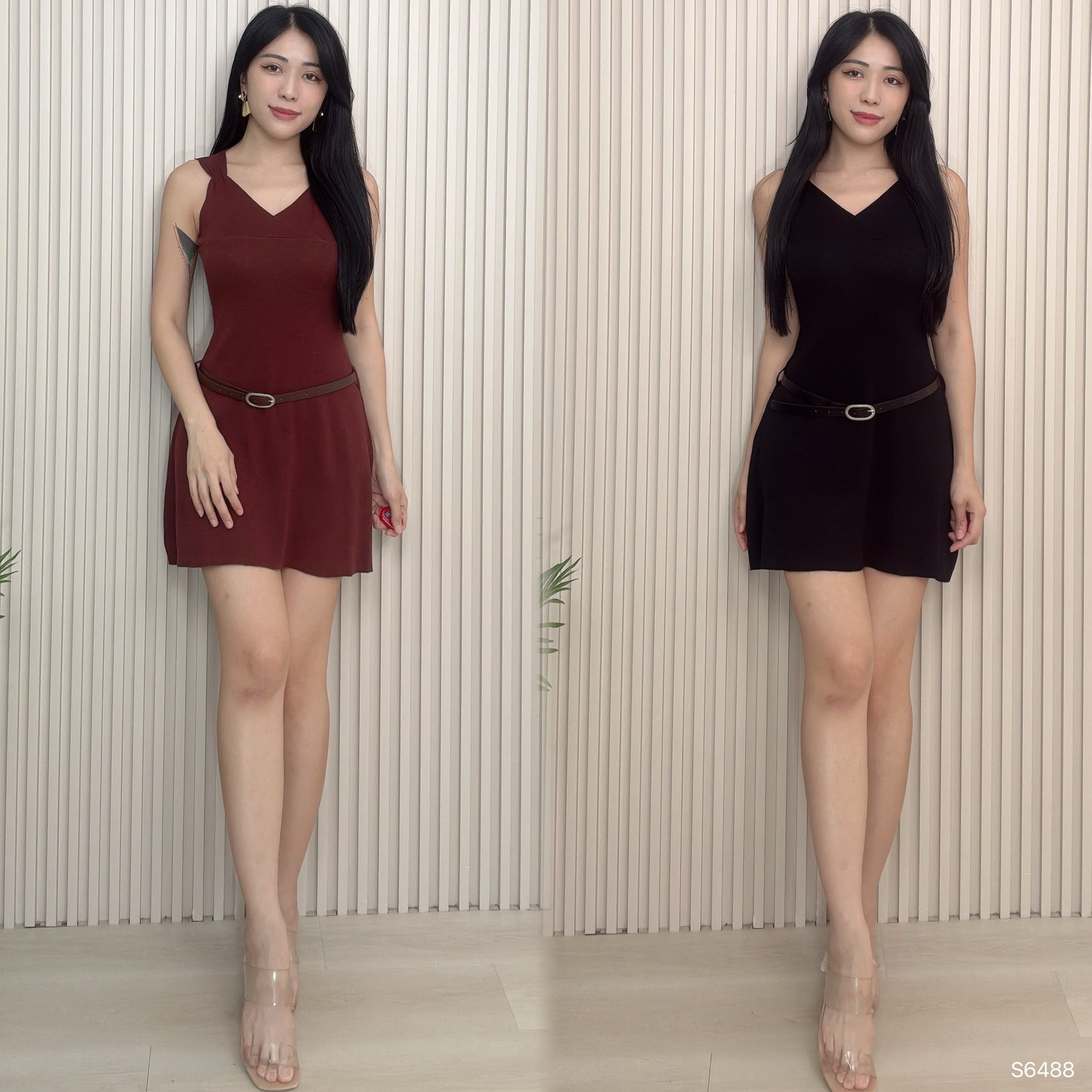 简约V领A字无袖连身裙 (S6487)