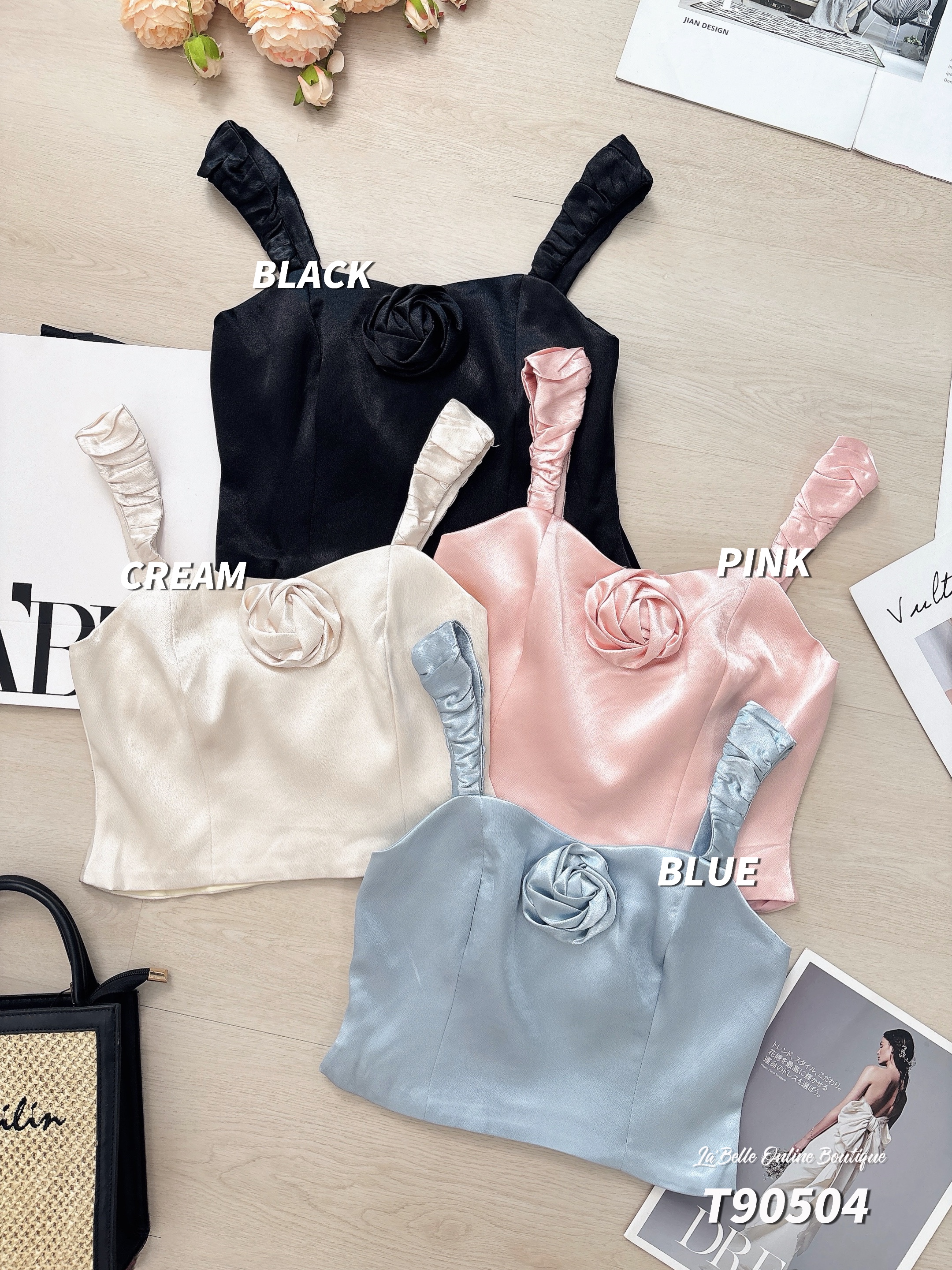 气质立体玫瑰花设计吊带上衣 (T90504)