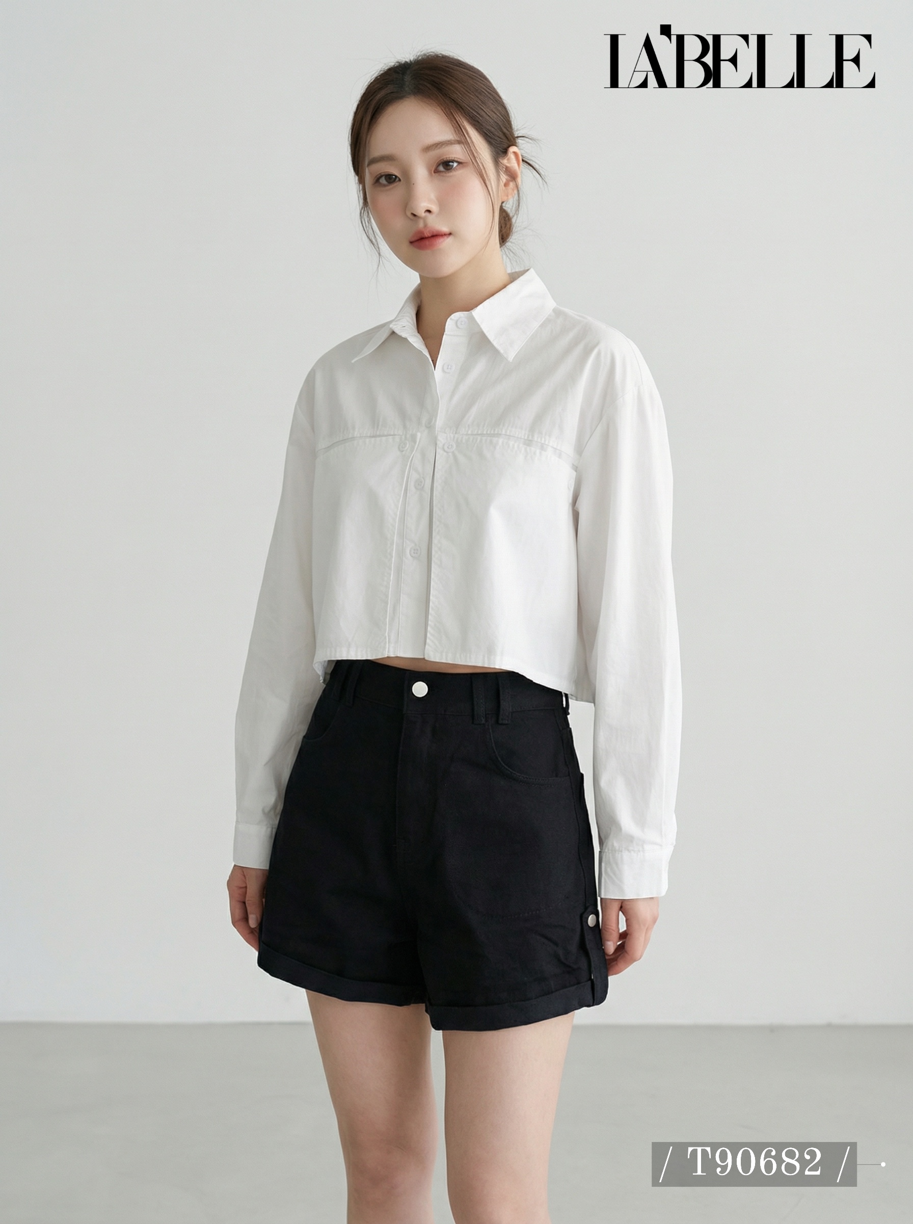 设计感翻领短款长袖衬衫 (T90686)