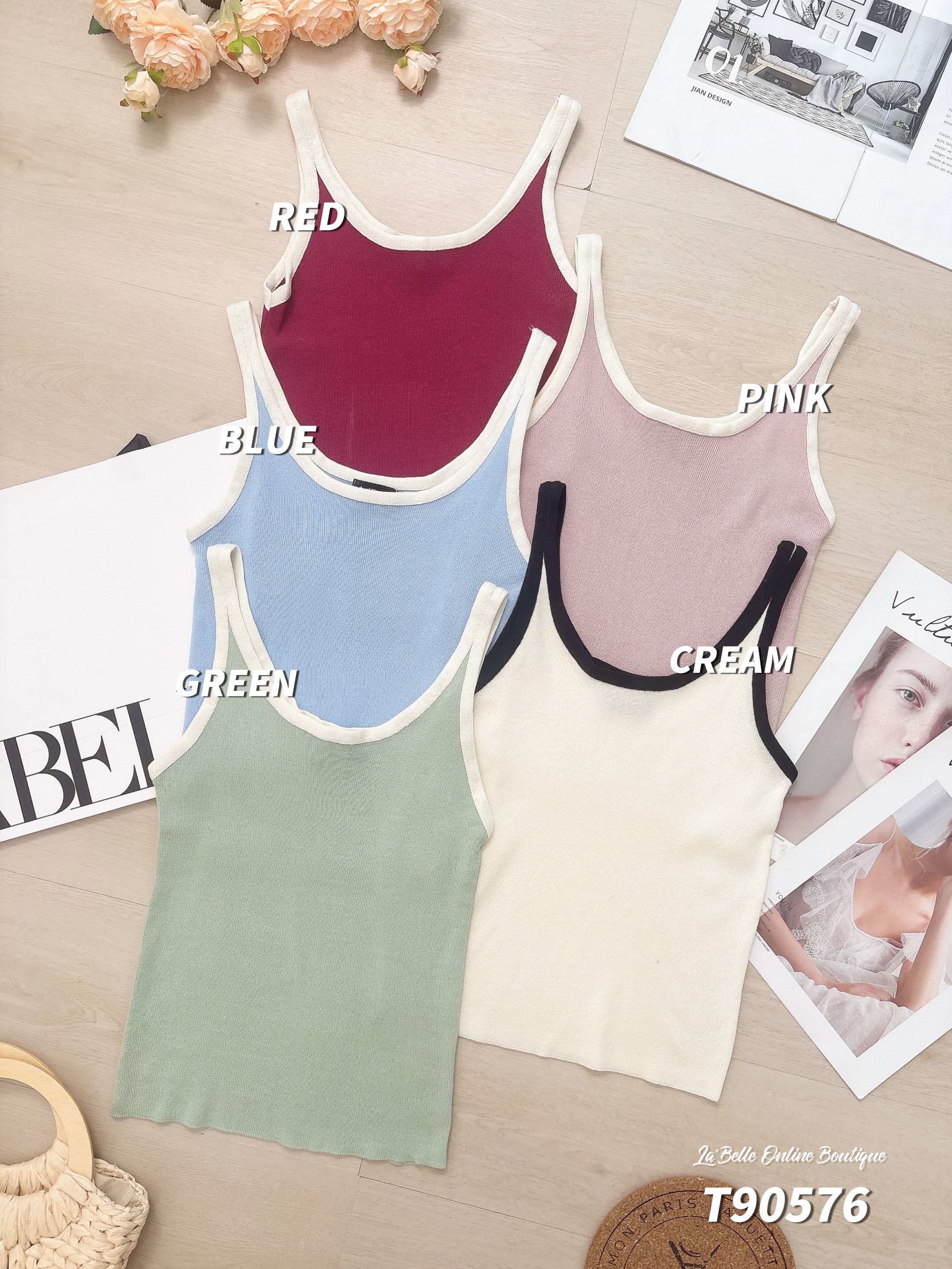 百搭撞色大U领吊带上衣 (T90576)