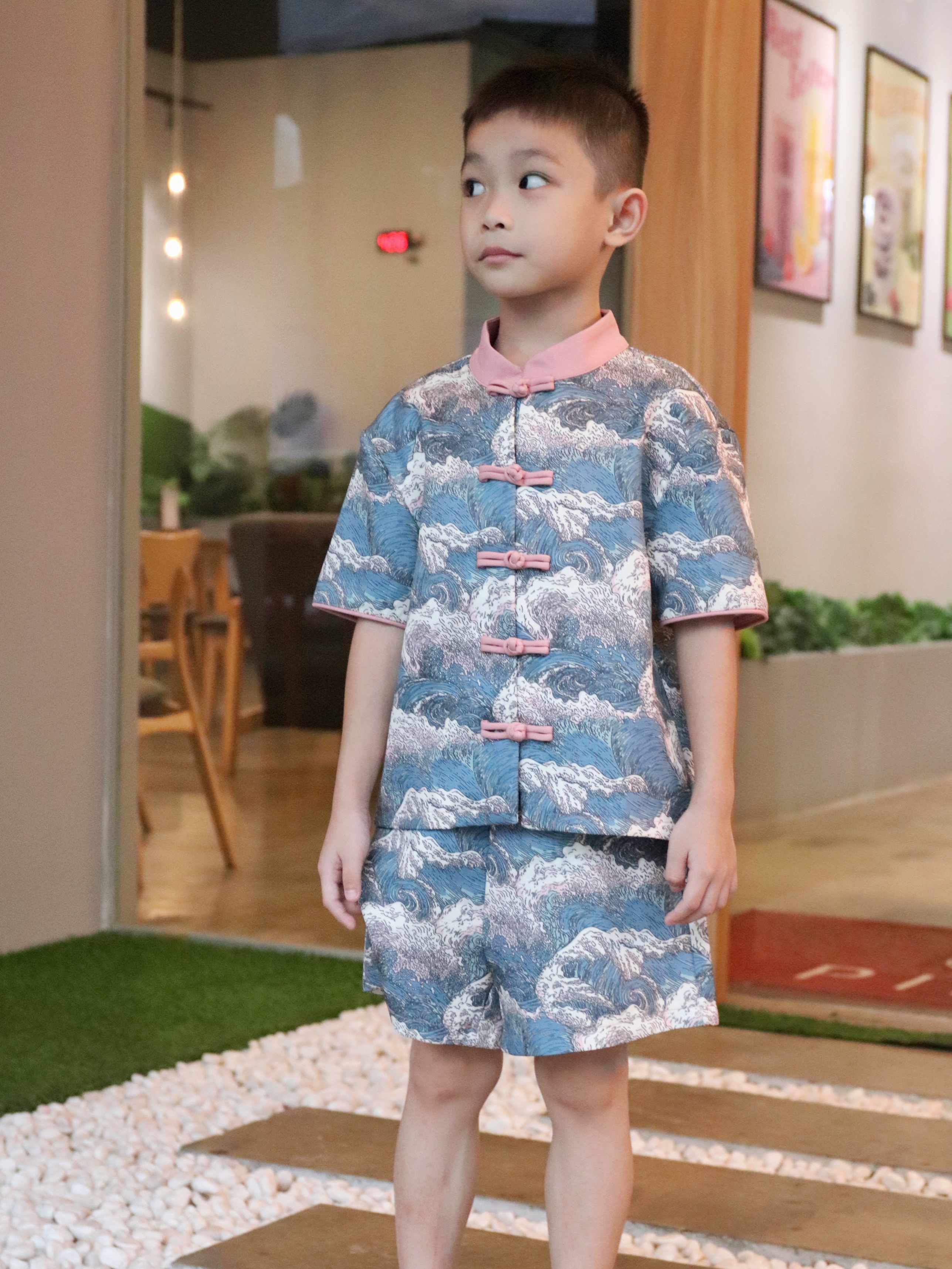 【LBP亲子系列 】可爱海浪纹设计改良版唐装两件套【儿子版】（F70116）