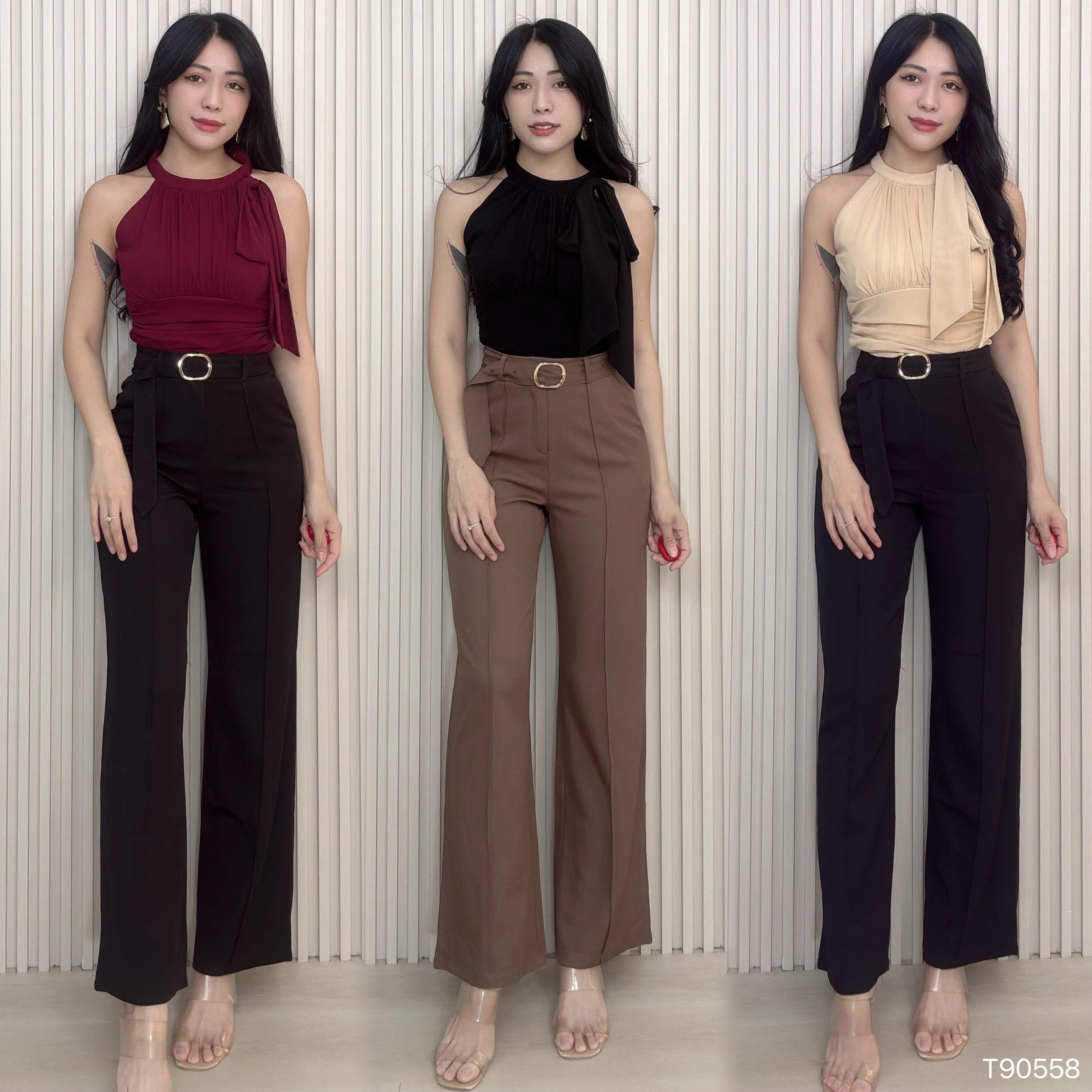 时尚Cut-In蝴蝶结褶皱设计上衣 (T90558)