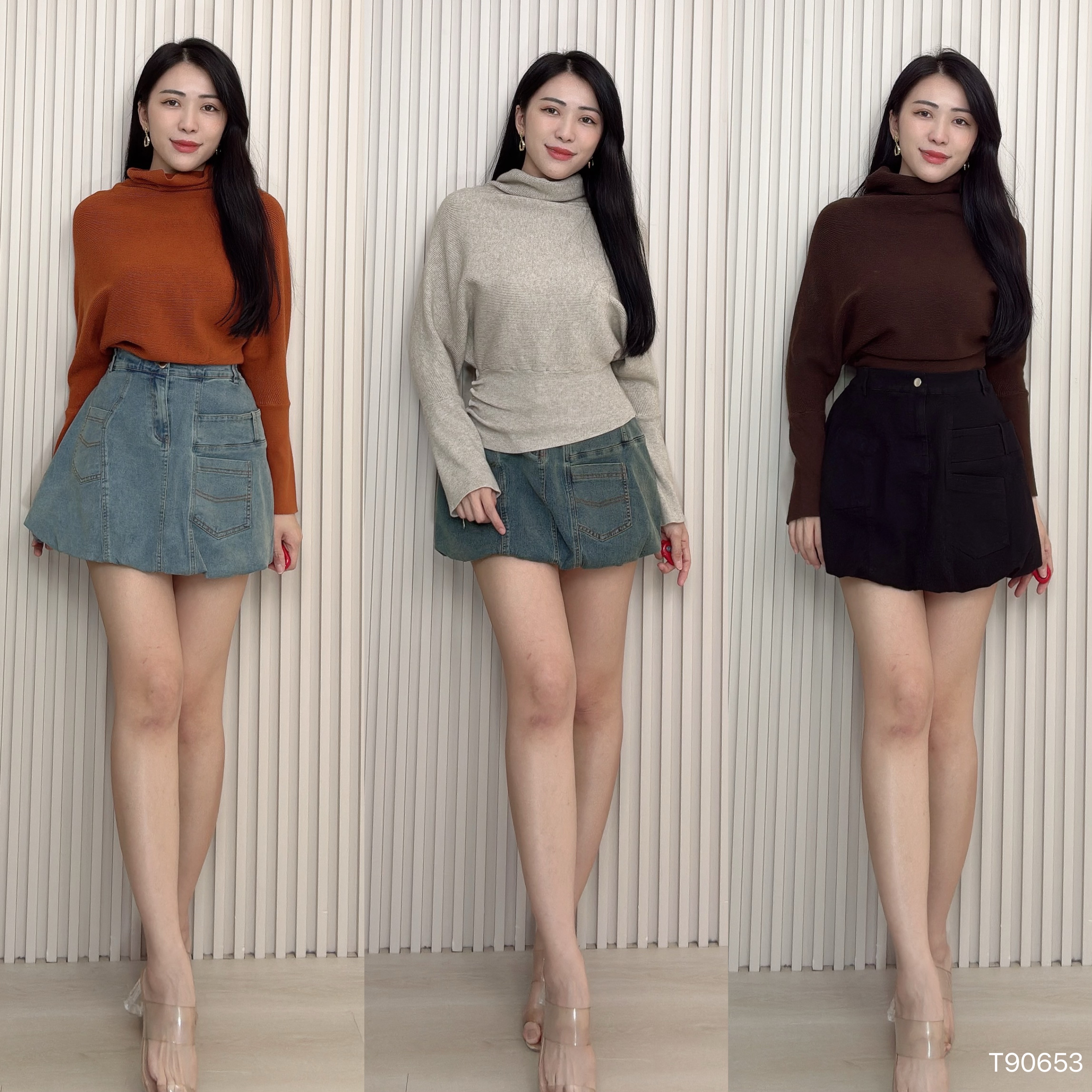 赫本风高领蝙蝠袖设计上衣 (T90653)