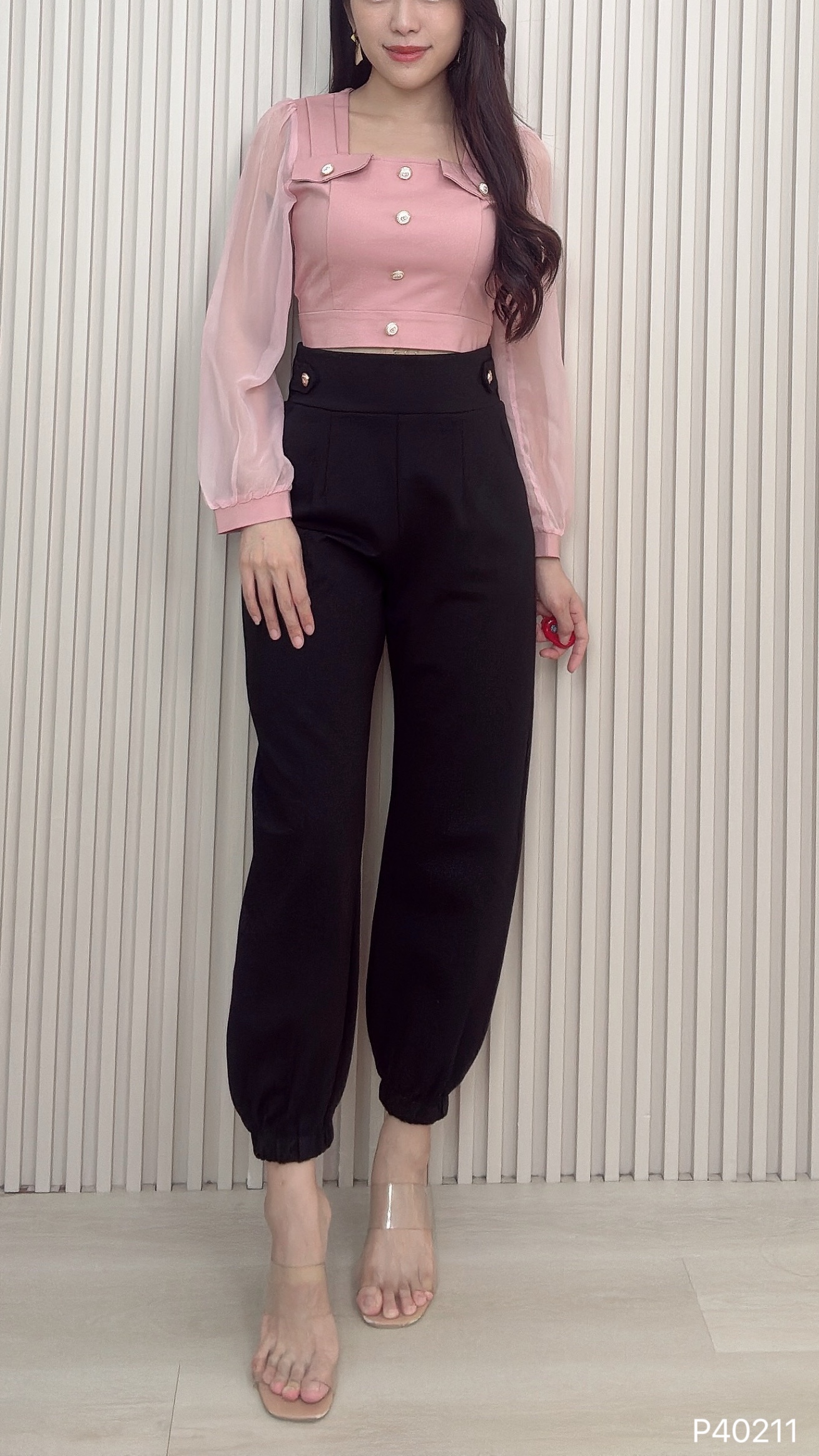 韩版哈伦风束脚设计高腰长裤 (P40211)