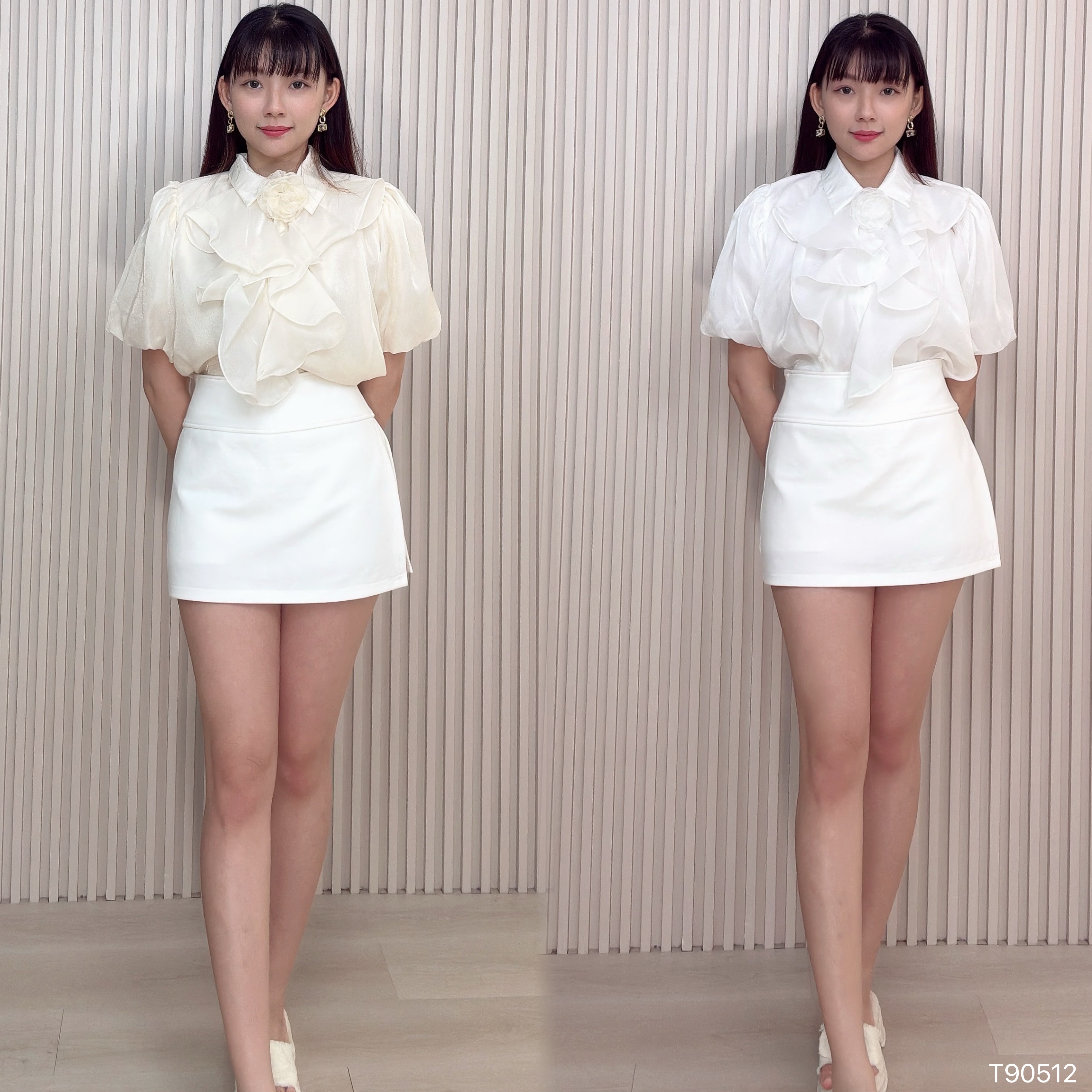 甜美翻领荷叶边设计泡泡袖上衣 (T90512)