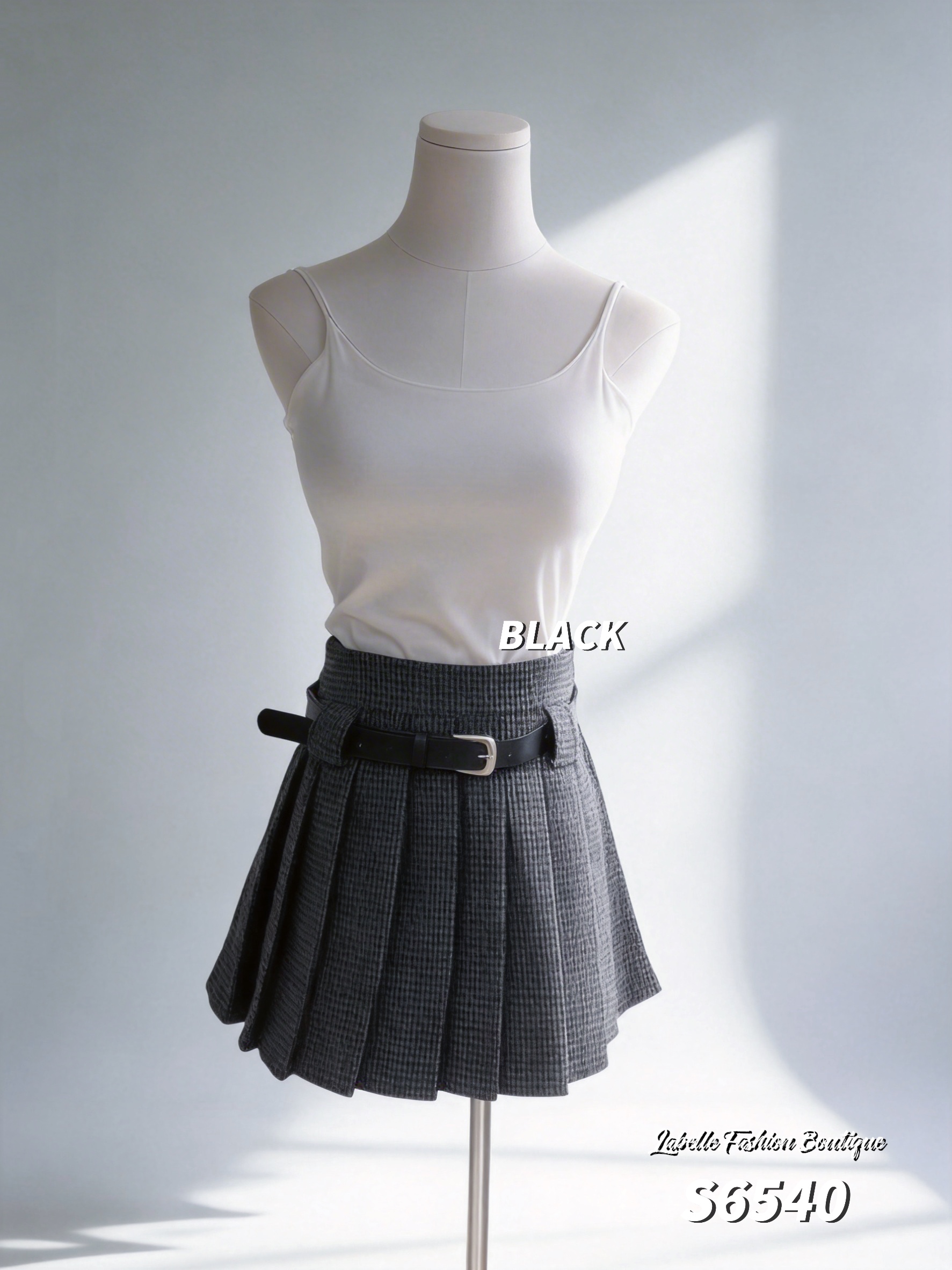 复古千鸟格百褶设计高腰短裙 (S6540)