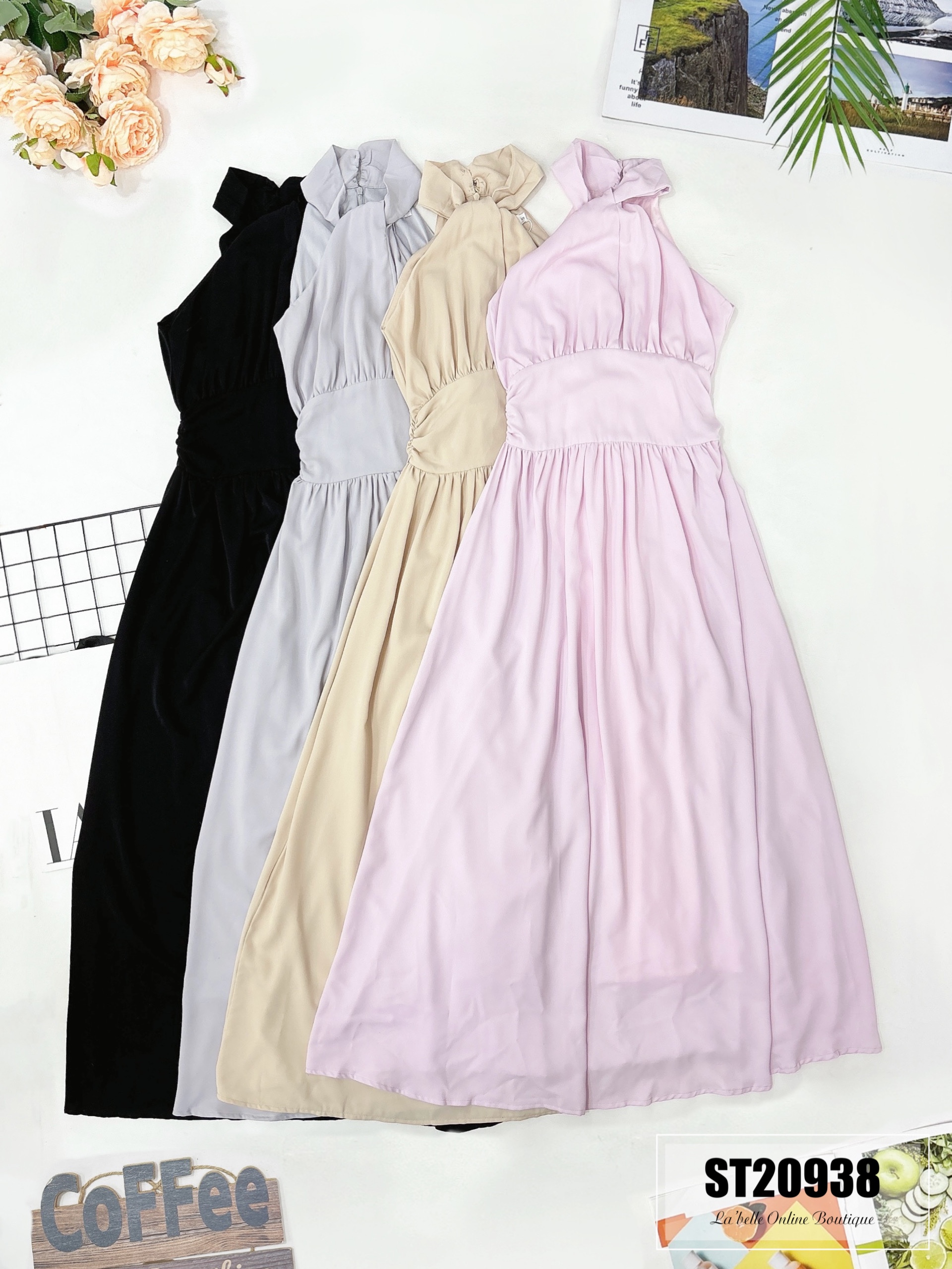 高级挂脖半高领连身长裙 (ST20938)