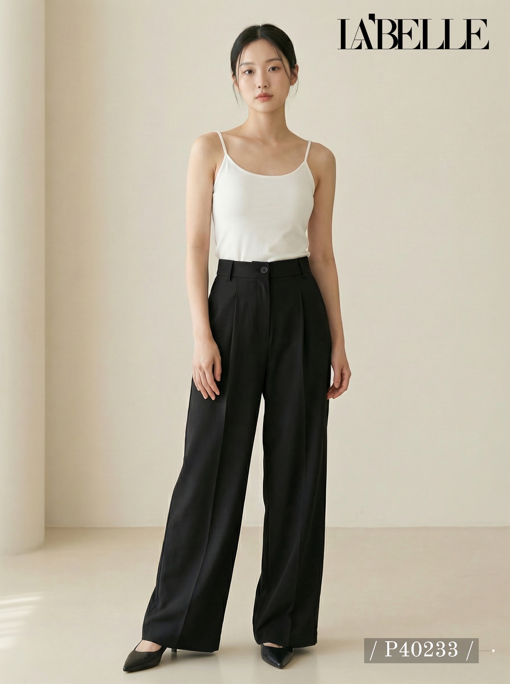  百搭压褶设计宽松直筒高腰长裤 (P40233)