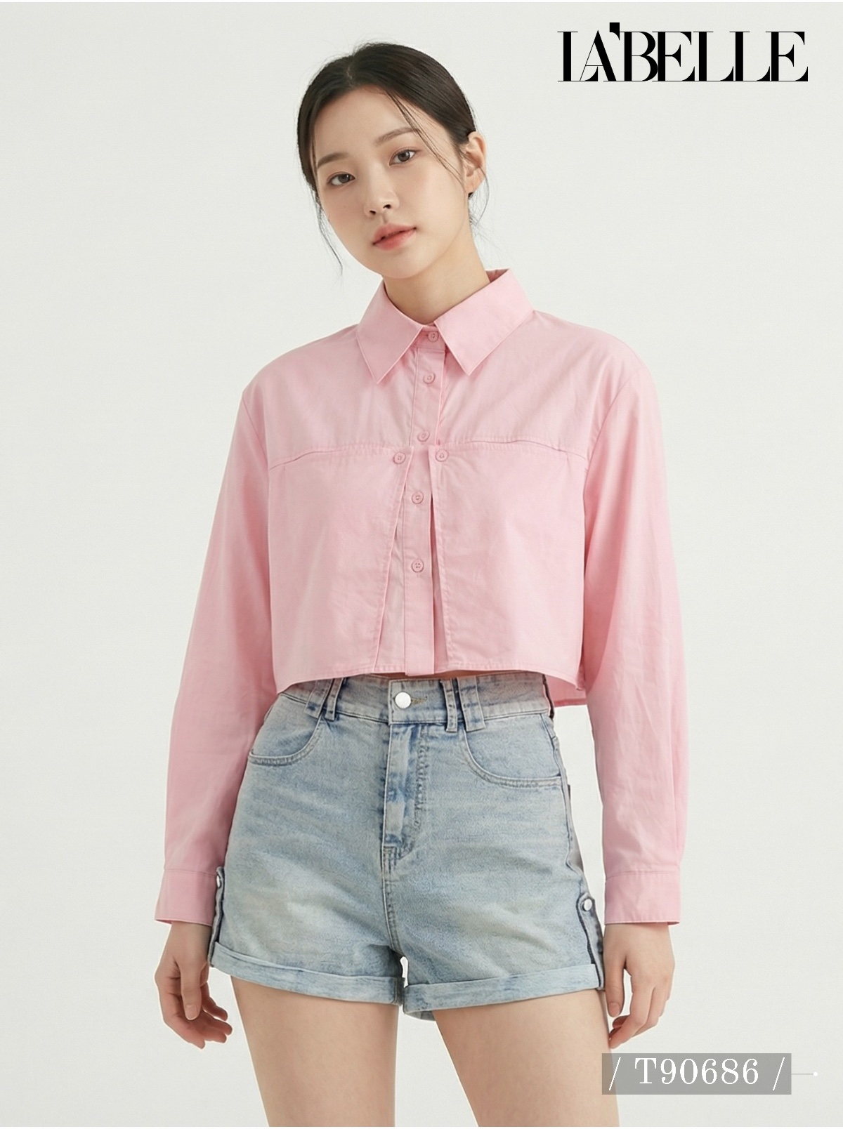 设计感翻领短款长袖衬衫 (T90686)