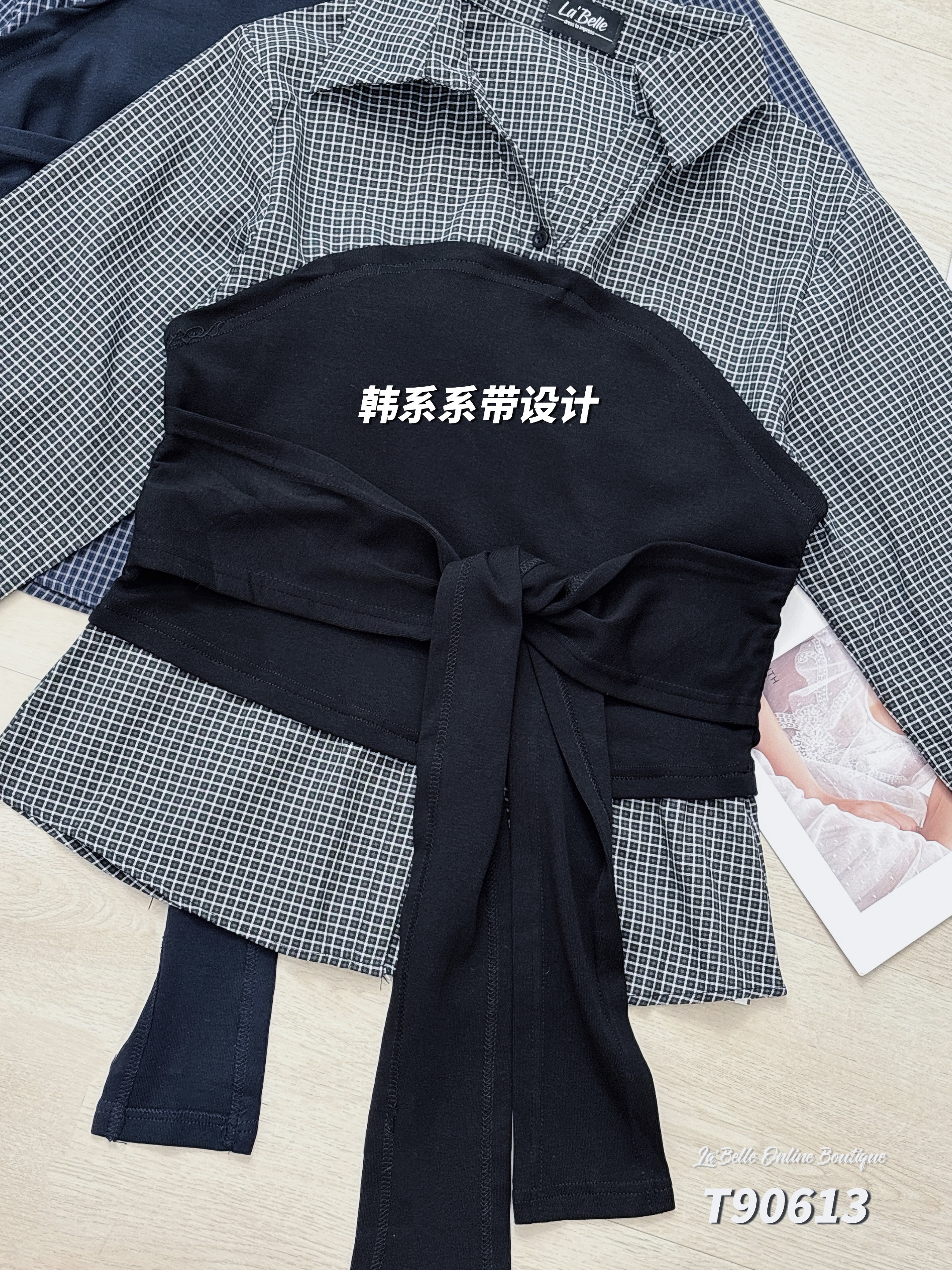 时尚拼接设计修身翻领长袖上衣 (T90613)