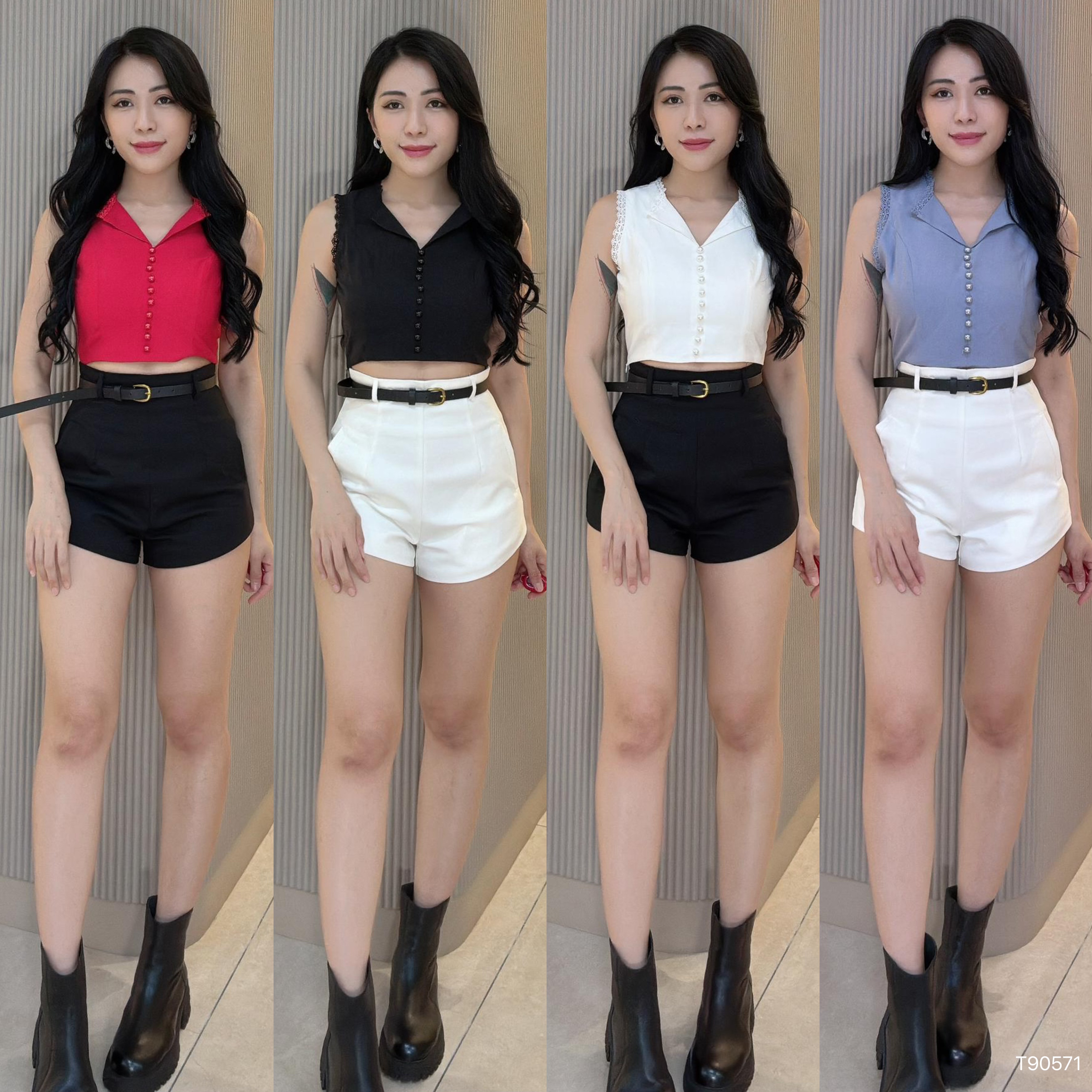 时尚蕾丝拼接设计V领无袖上衣 (T90571)