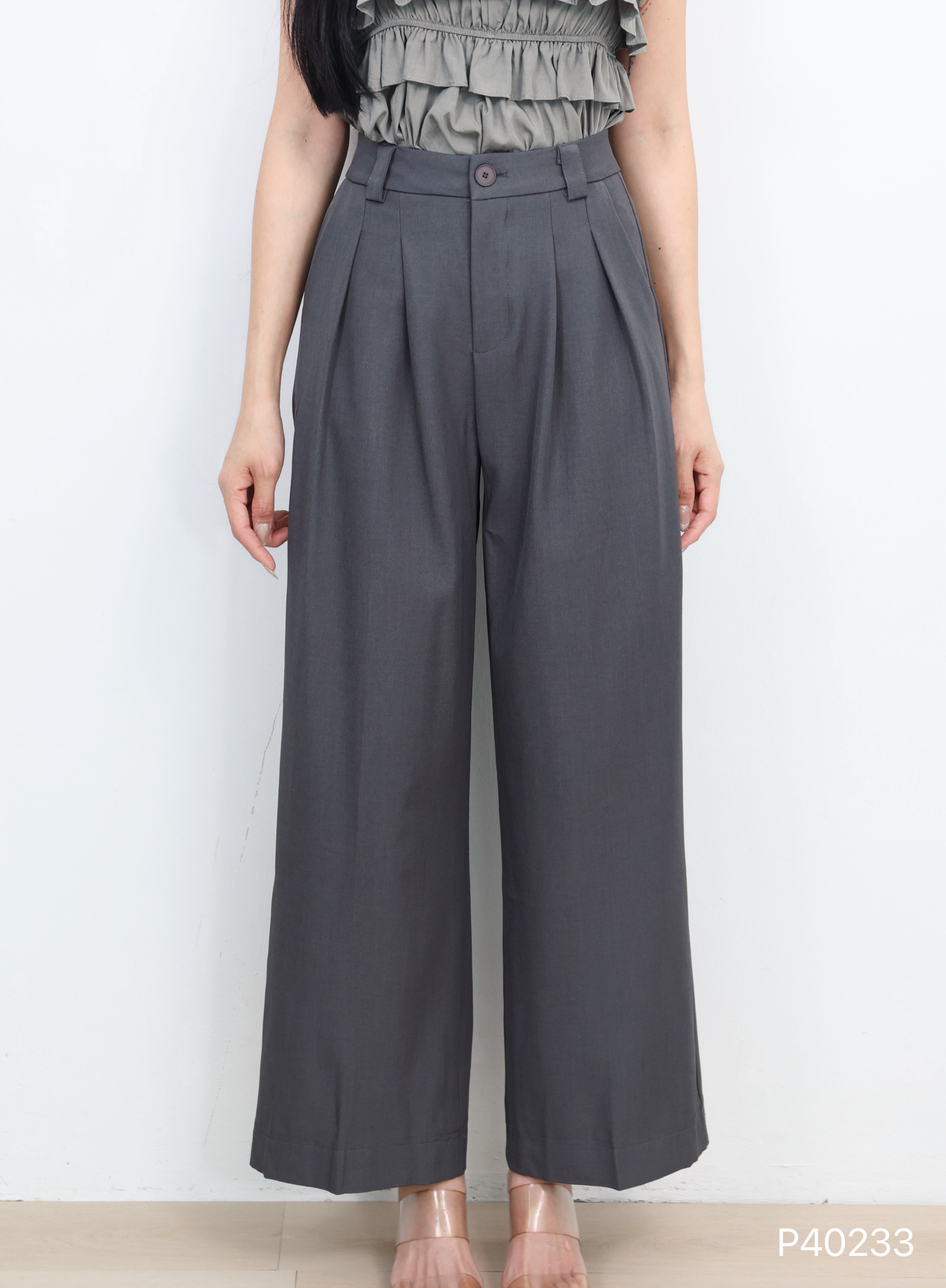  百搭压褶设计宽松直筒高腰长裤 (P40233)