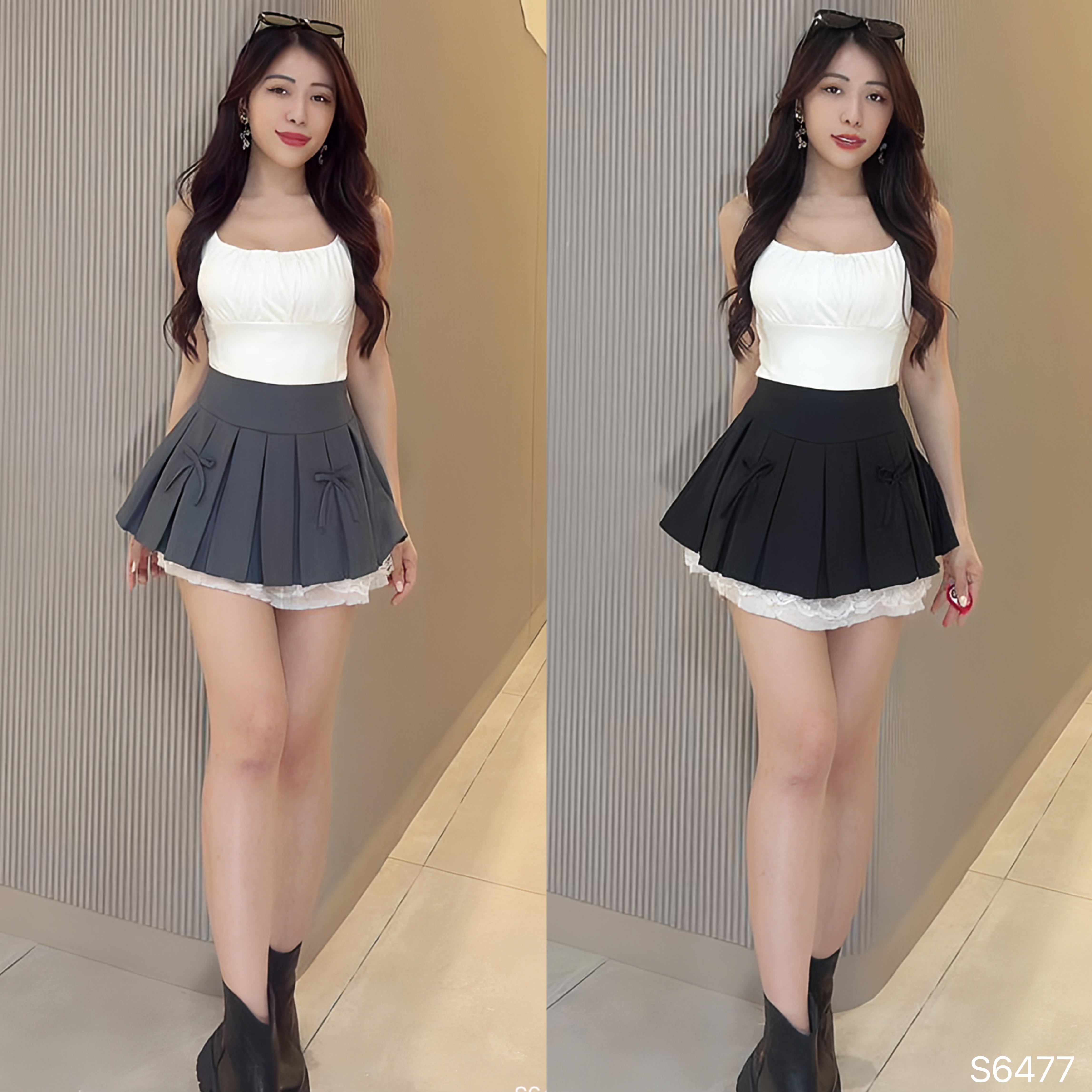 甜美蝴蝶结百褶设计A字裤裙 (S6477)