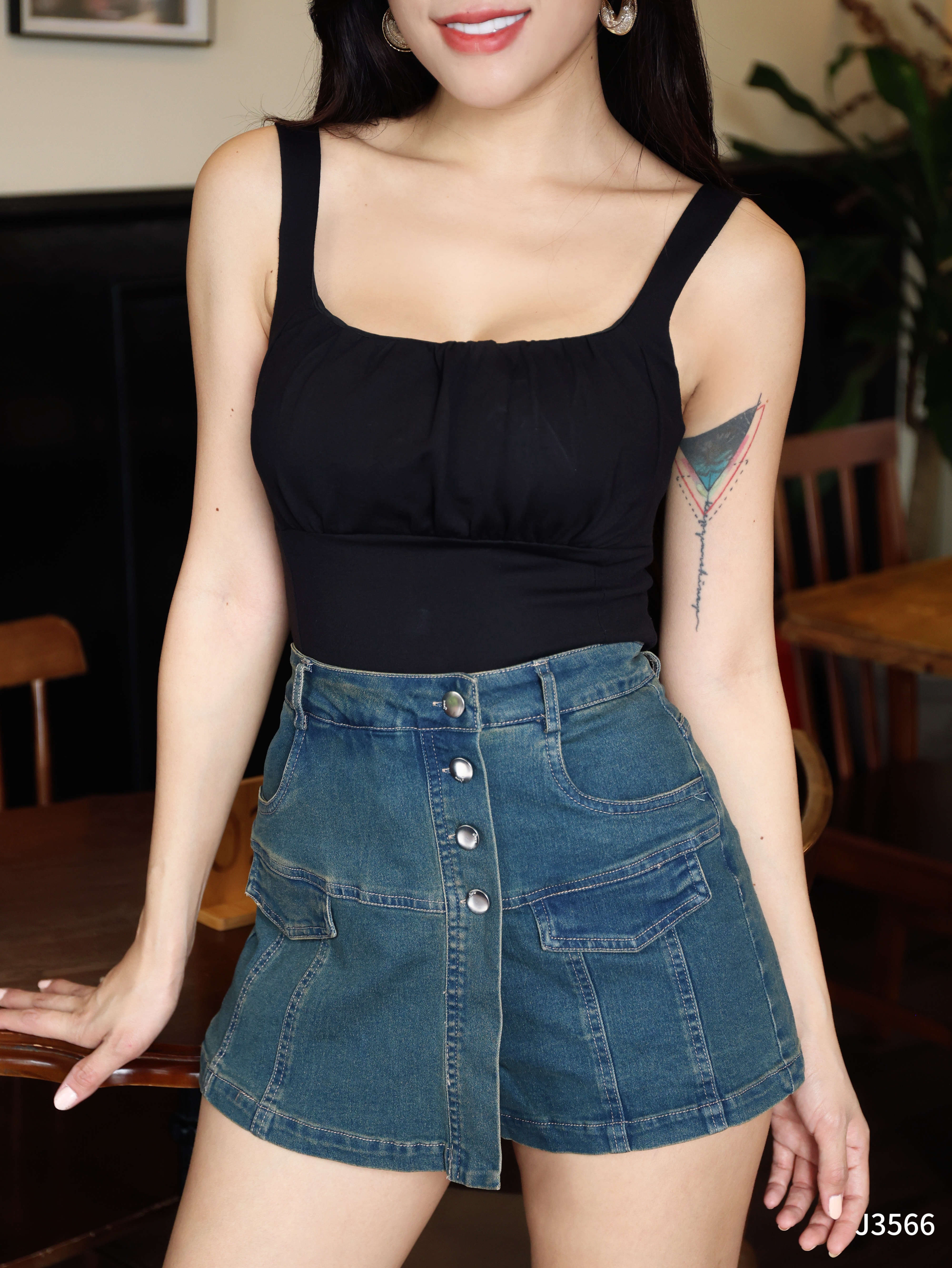 【LBP独家】设计感A字工装牛仔高腰裤裙 (J3566)