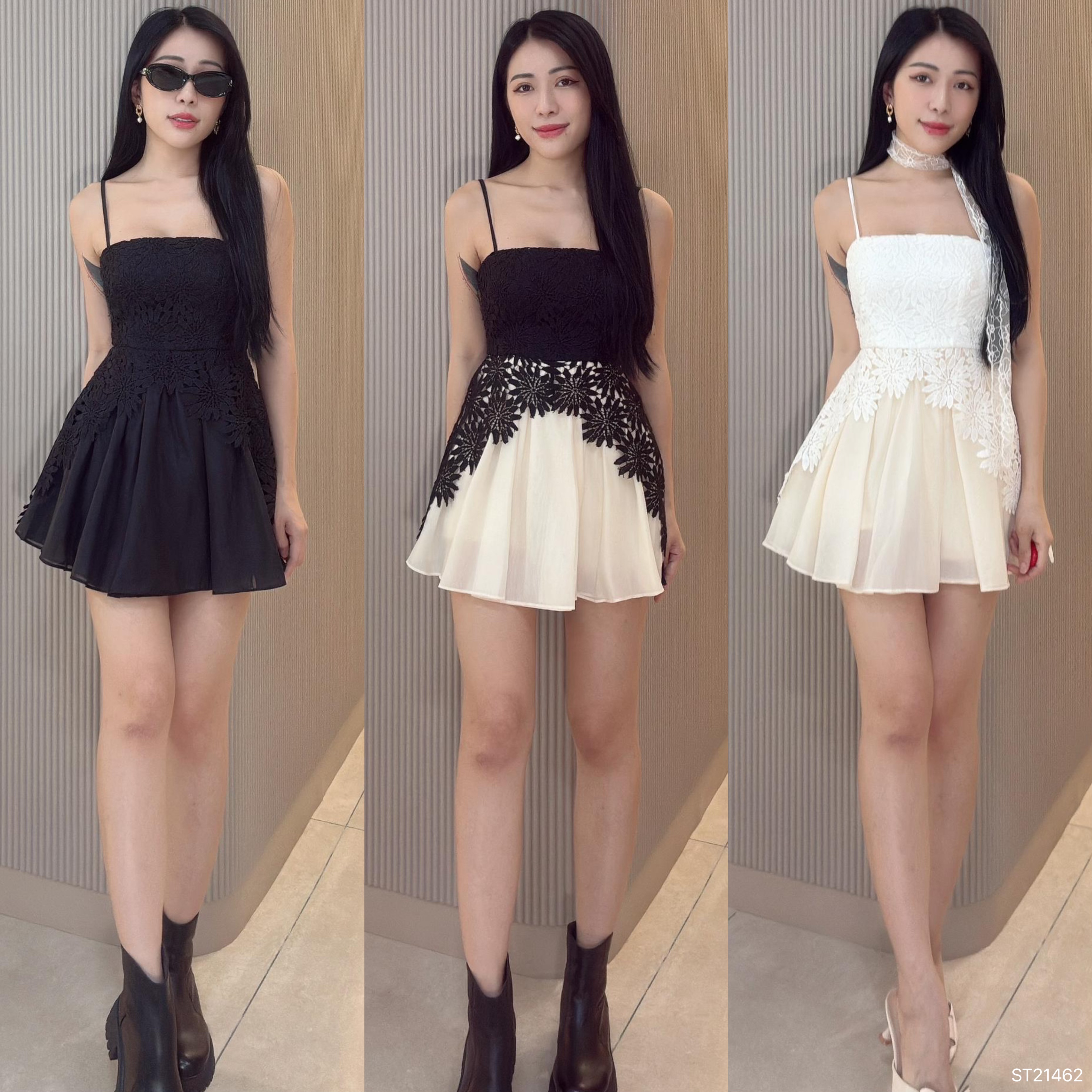 法式镂空绣花吊带连身裙 (ST21462)