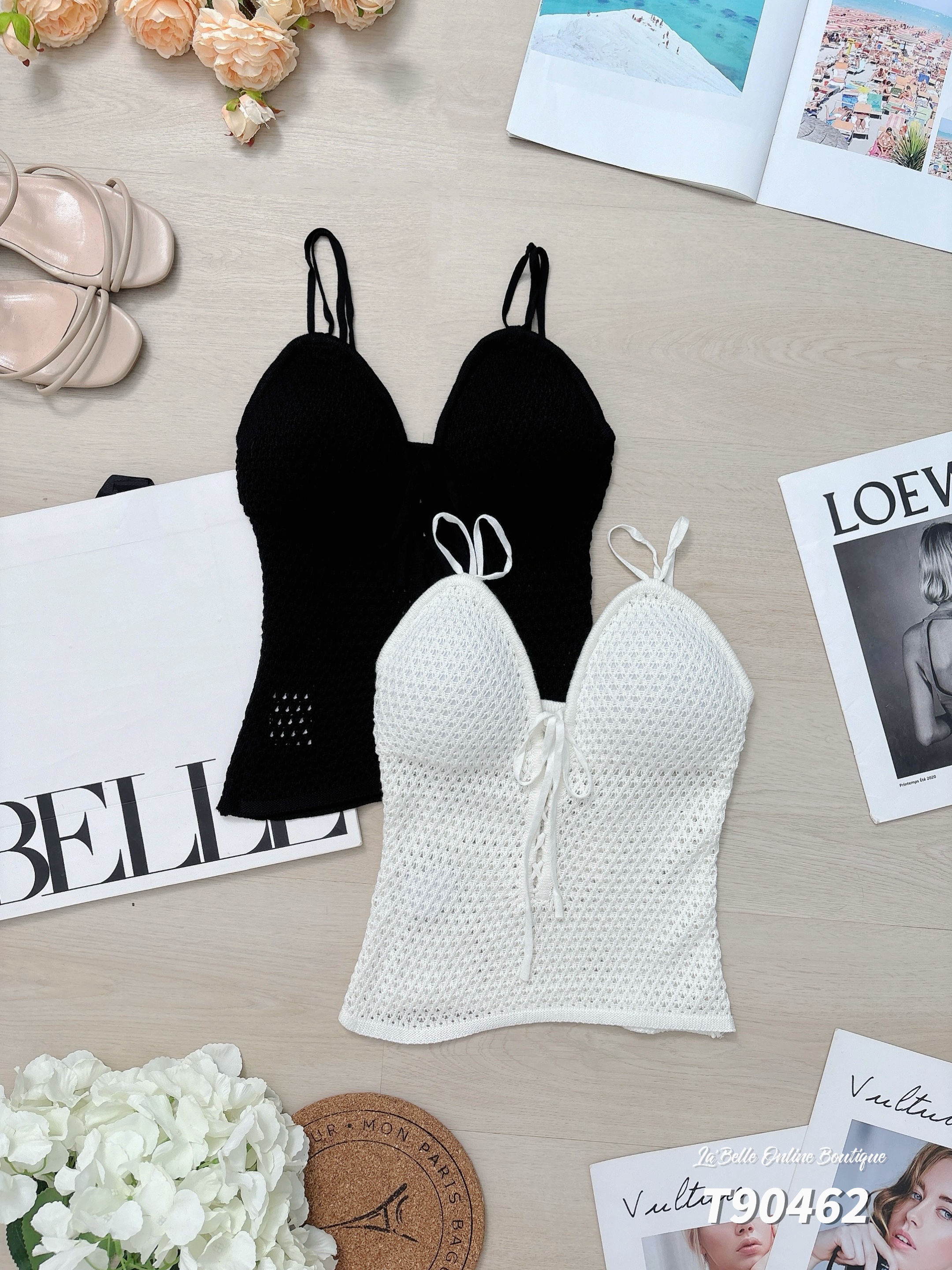 性感交叉系带设计V领吊带上衣 (T90462）