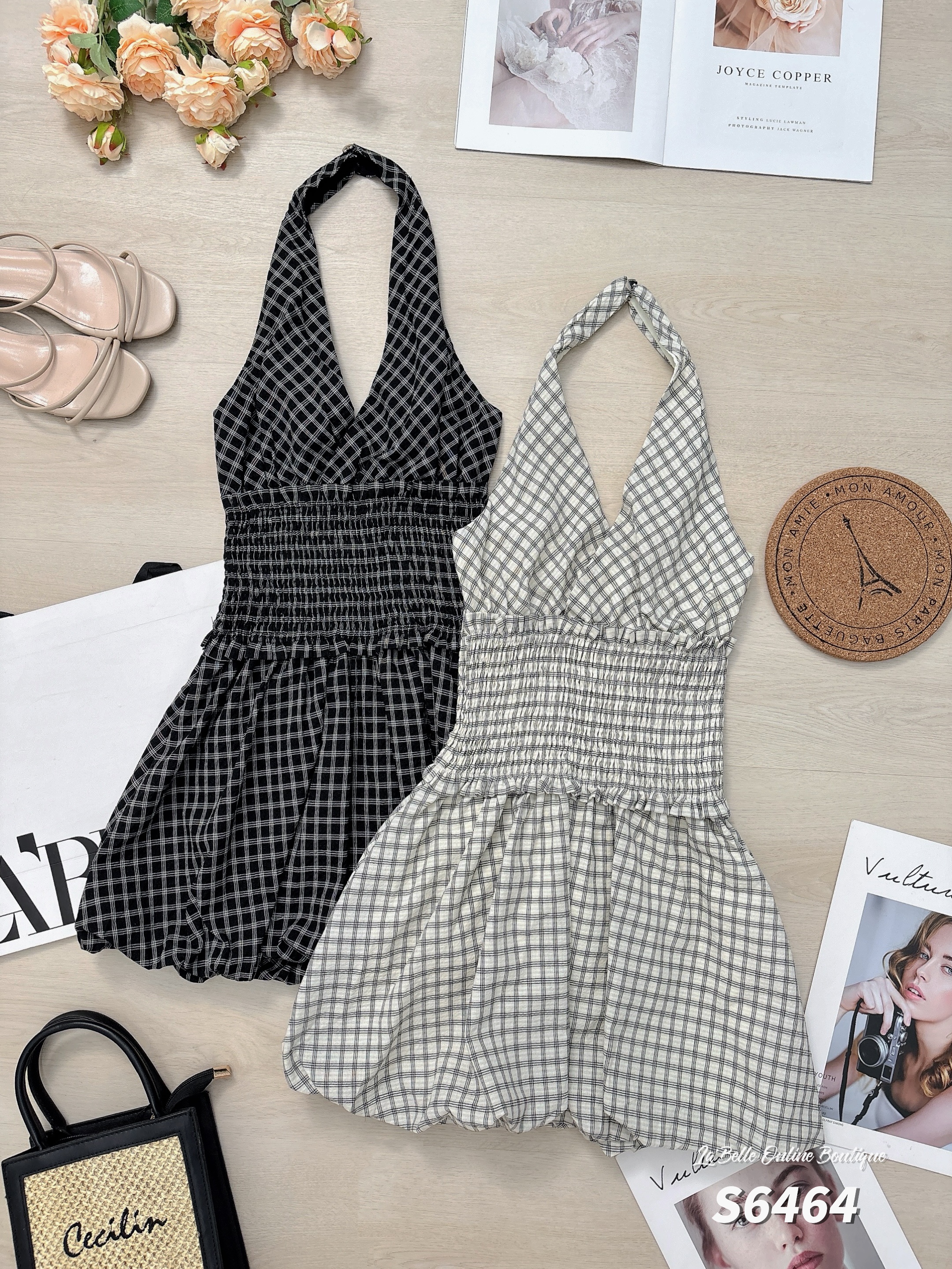 法式格子花苞挂脖V领连身裙 (S6464)