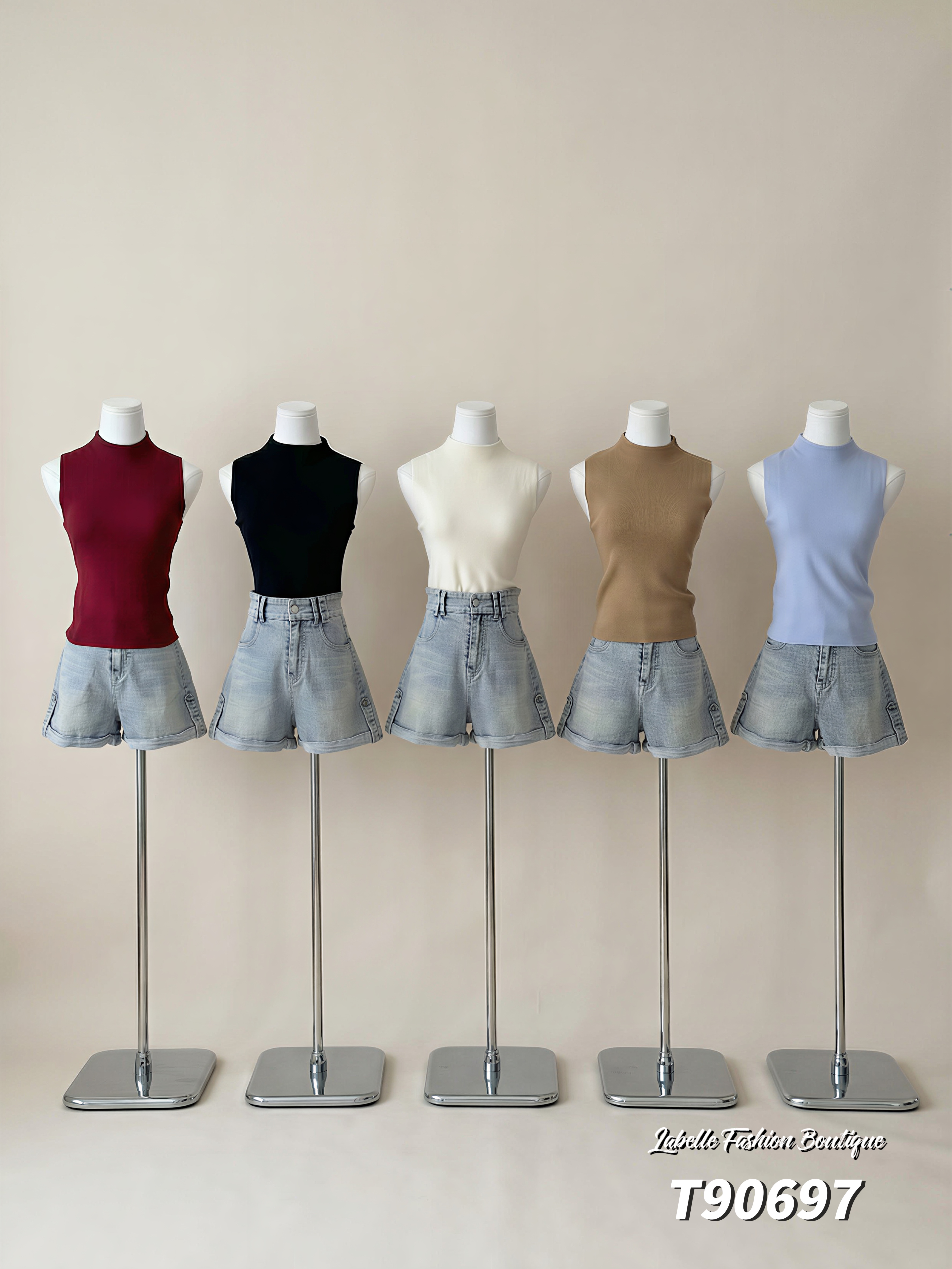 韩系纯色半高领针织无袖上衣 (T90697)