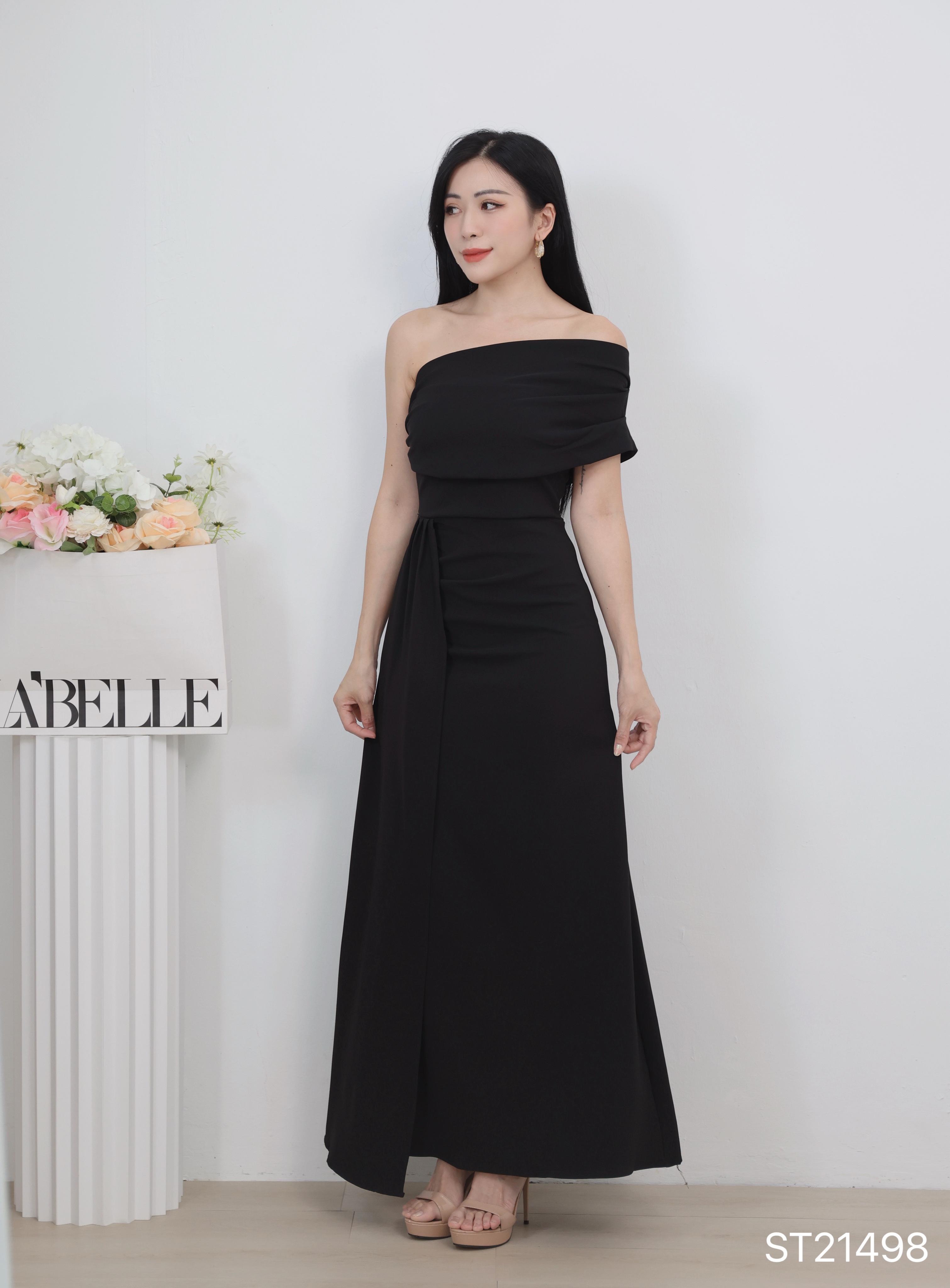 绝美一字斜肩压褶设计抹胸宴会连身裙 (ST21498)