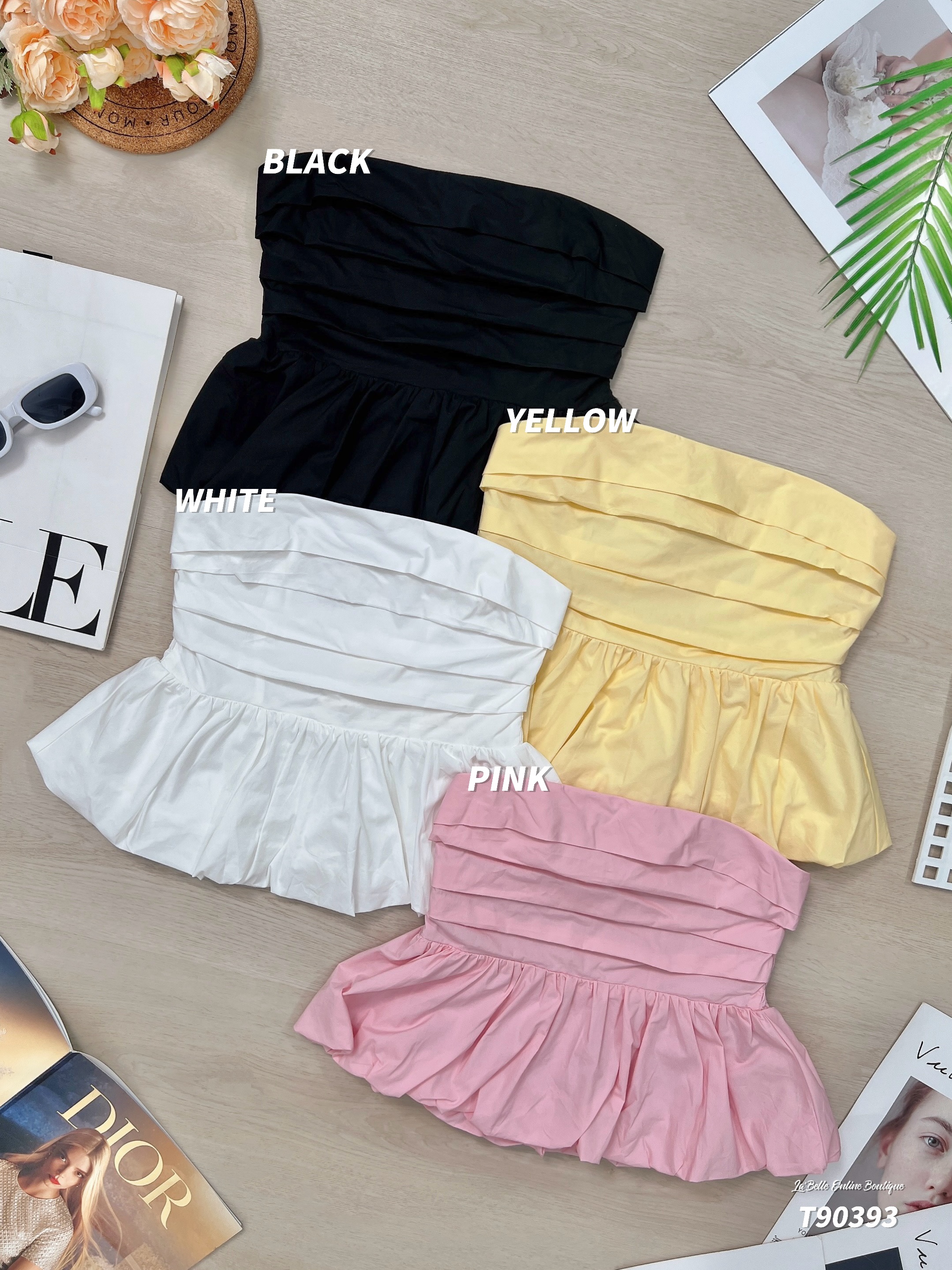 甜美褶皱花苞抹胸上衣 (T90393)