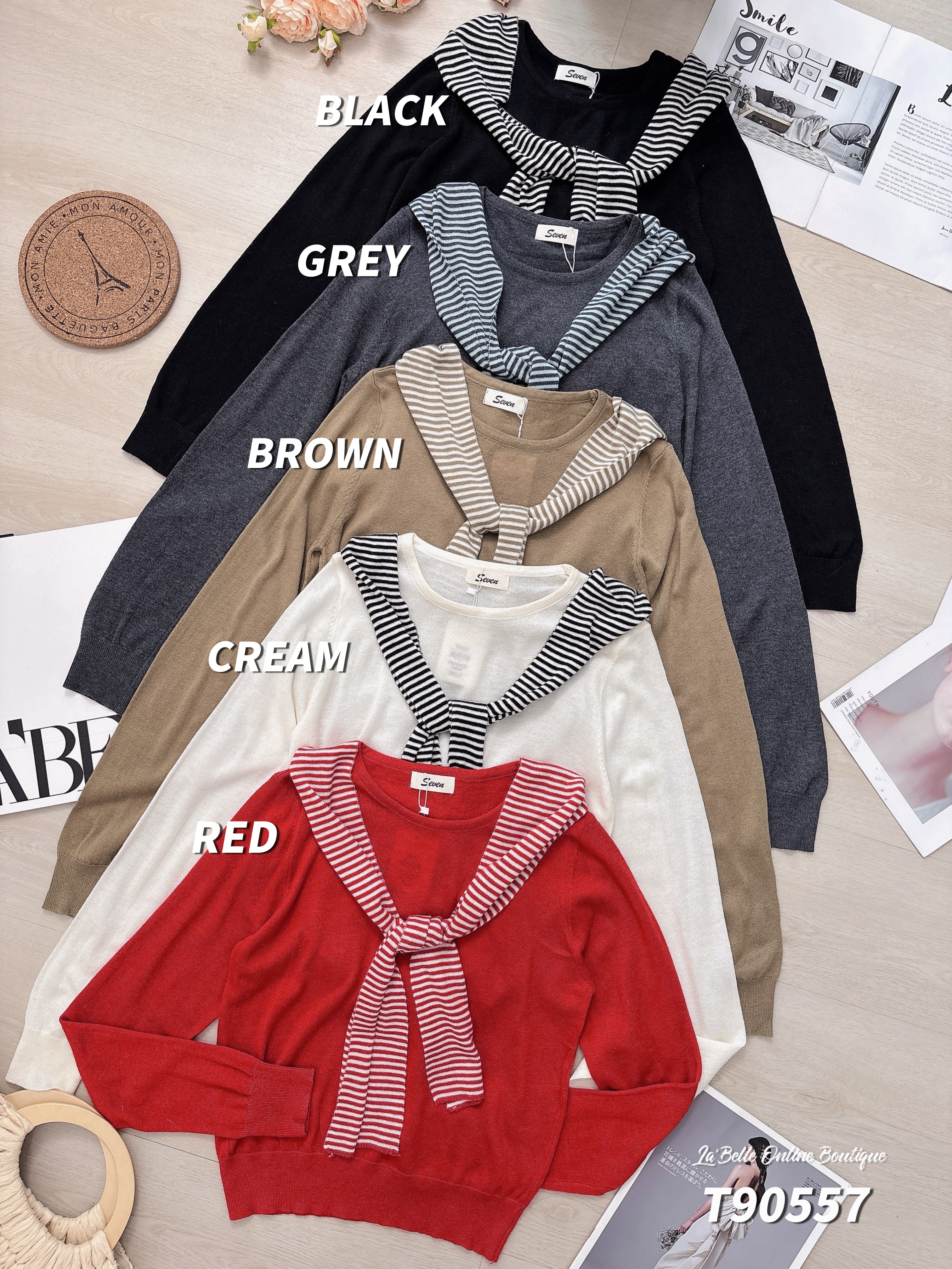 韩系撞色条纹披肩设计长袖上衣 (T90557)