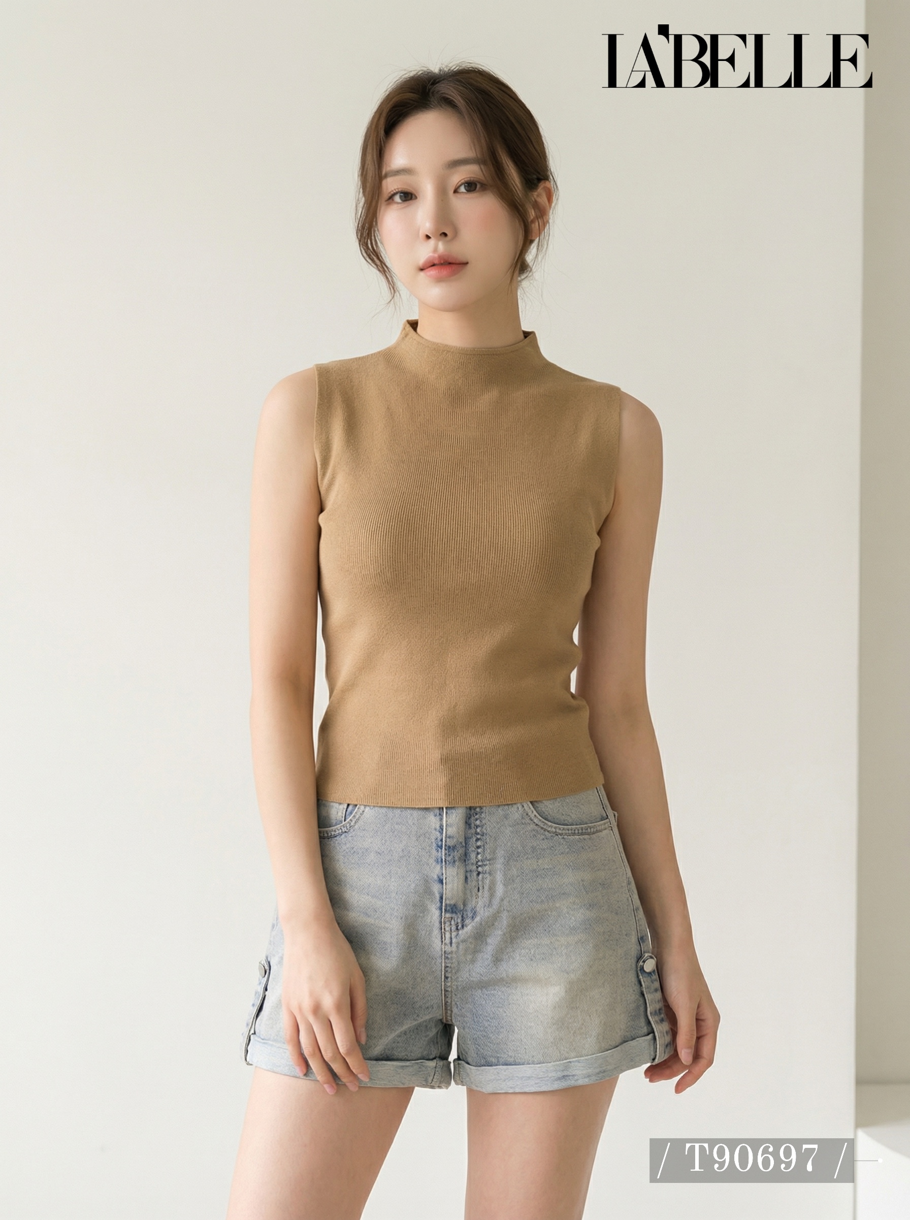 韩系纯色半高领针织无袖上衣 (T90697)