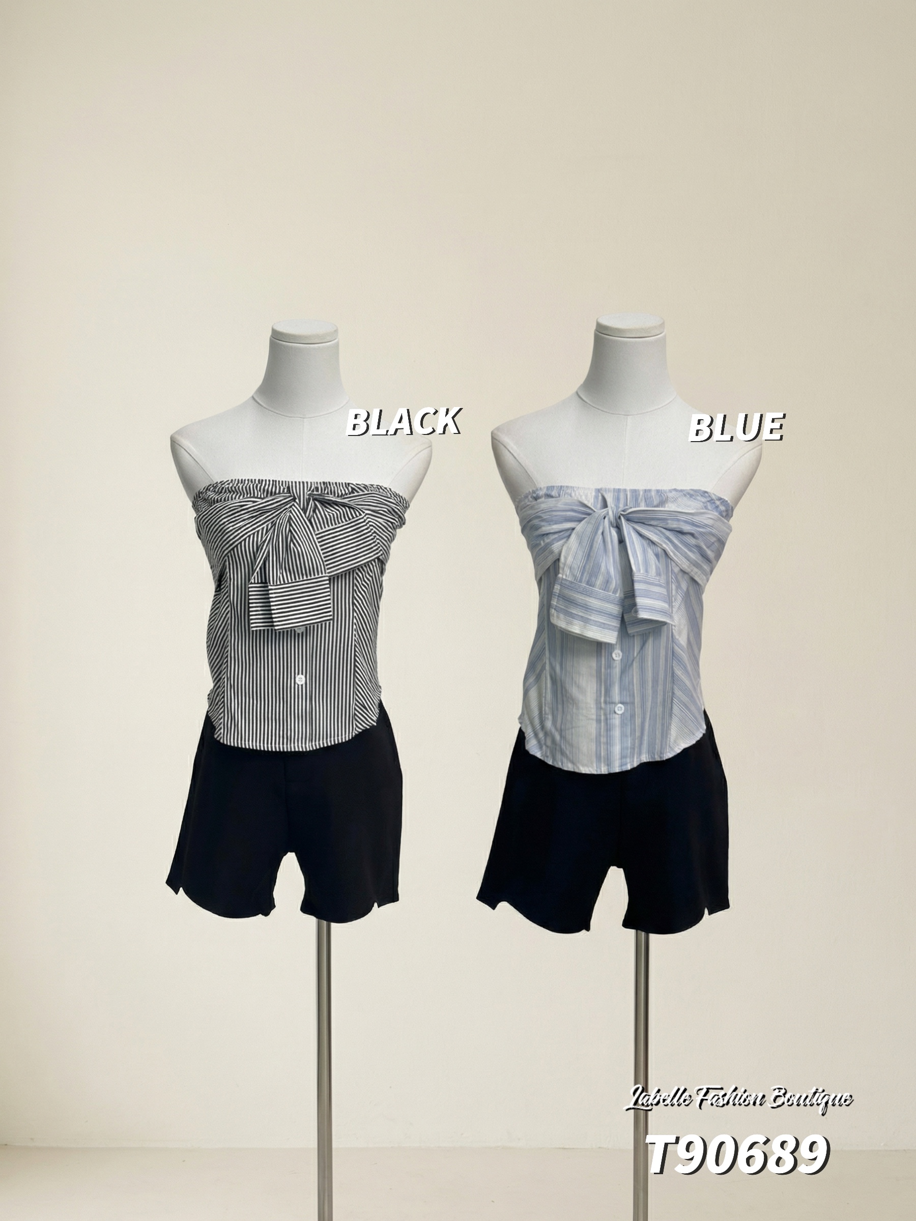 法式条纹交叉设计抹胸上衣 (T90689)