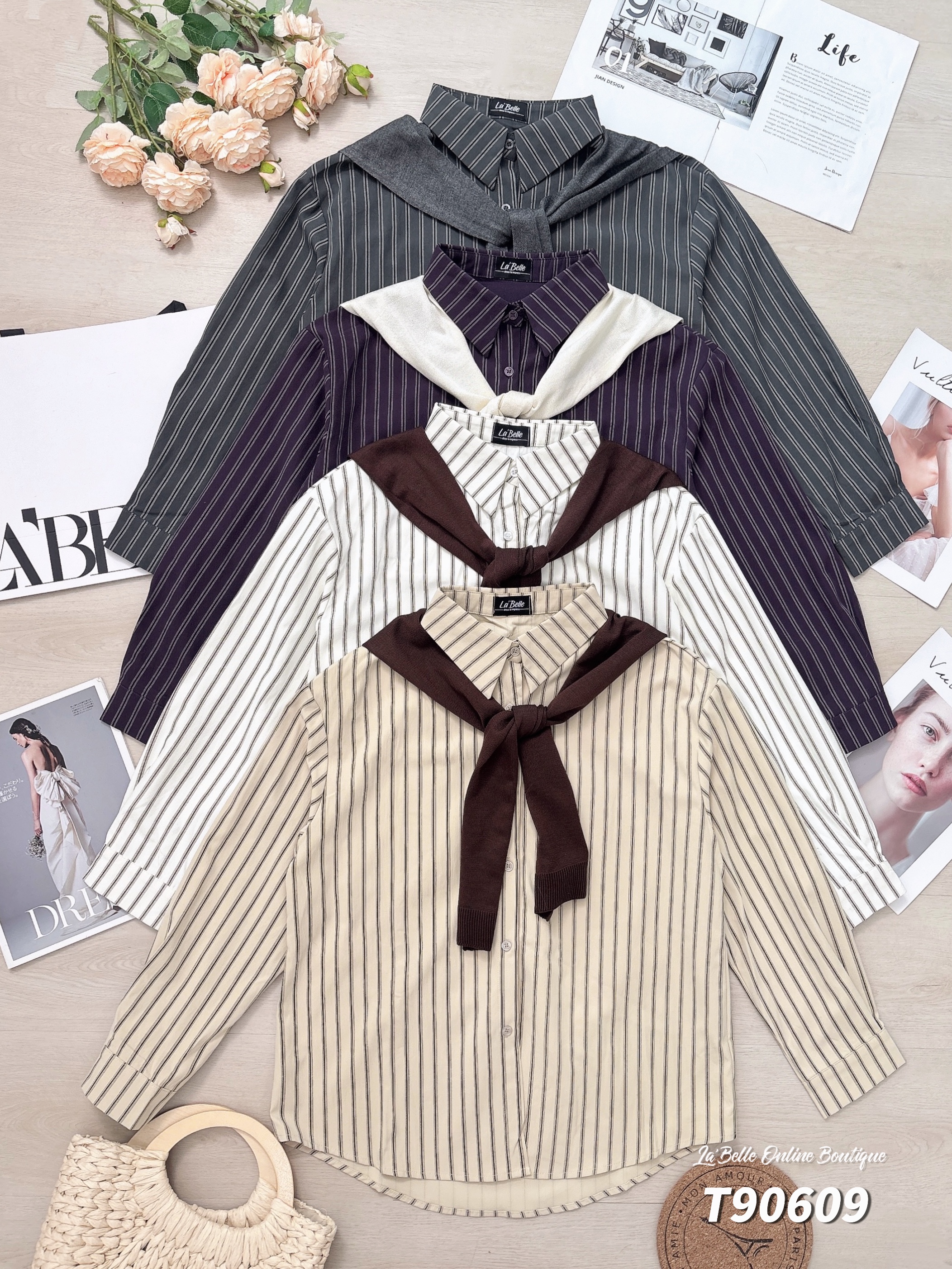 韩系条纹披肩设计长袖上衣 (T90609)