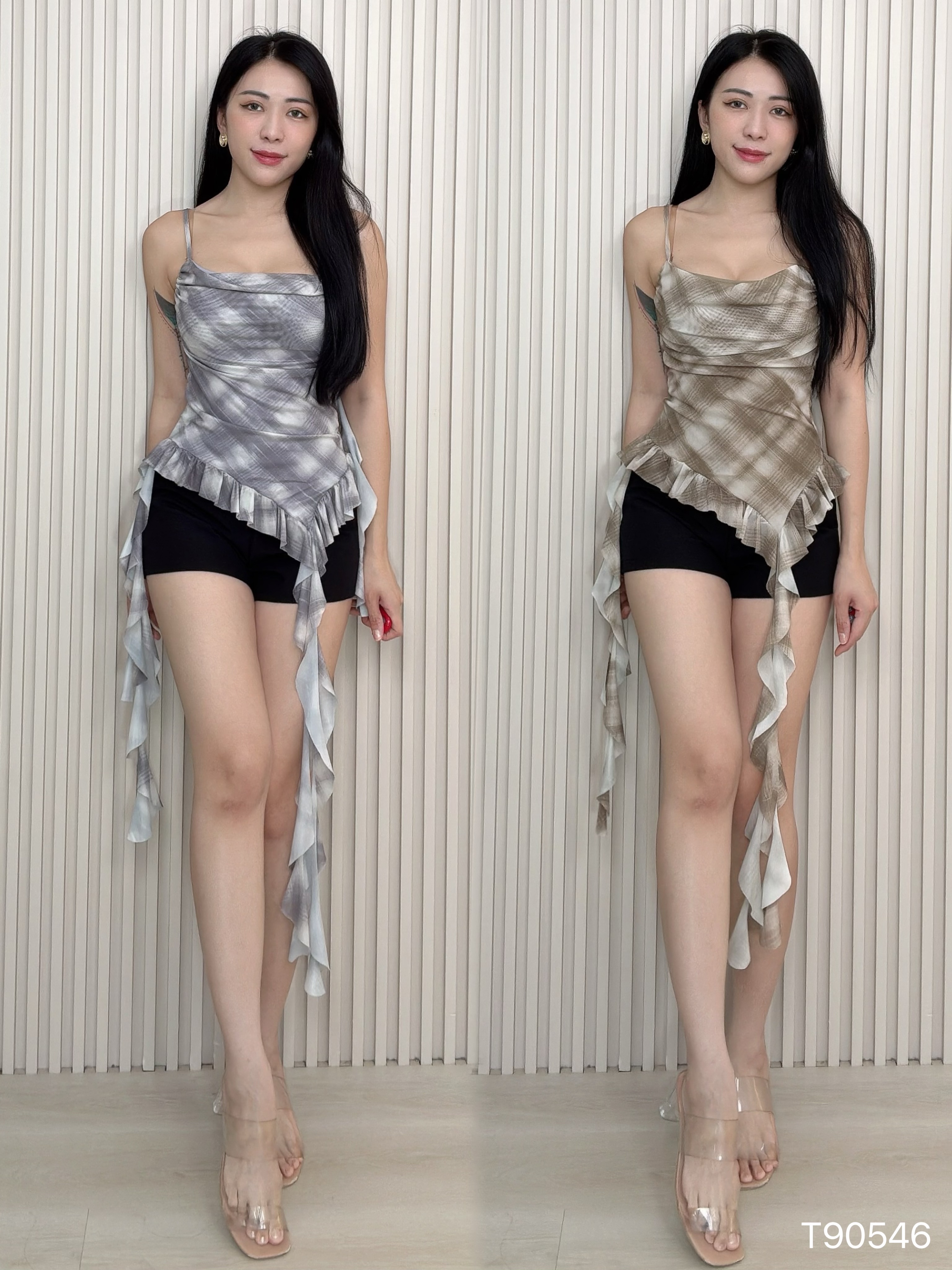 韩系不规则褶皱荷叶边设计吊带格子上衣 (T90546)