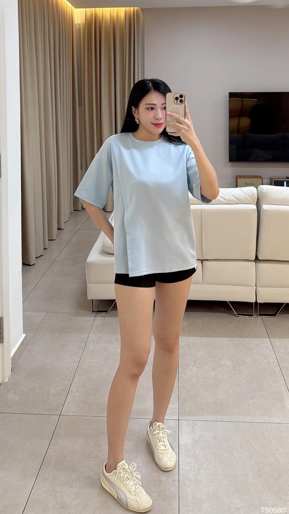 百搭不规则开叉设计宽松T恤 (T90580)